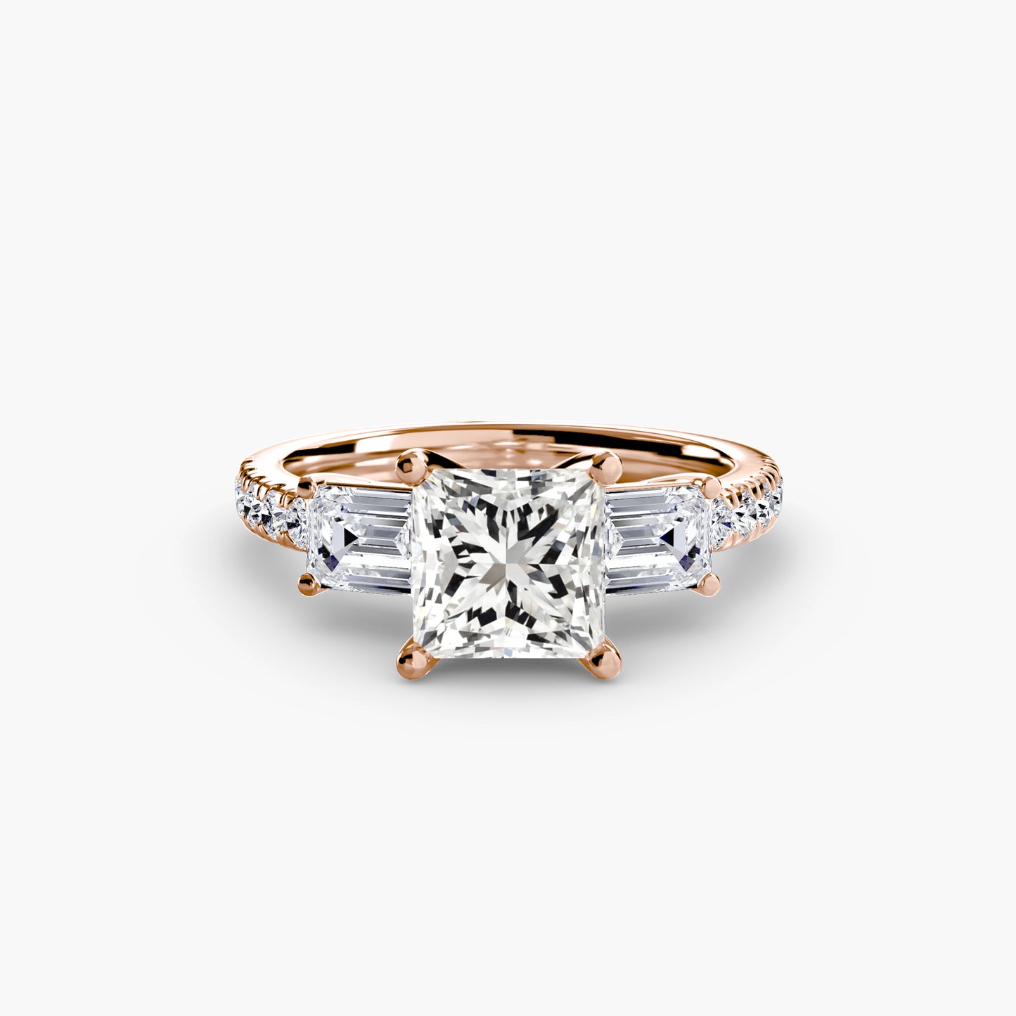The "Cecelia" Three-Stone Ring with Baguette and Pavé Band