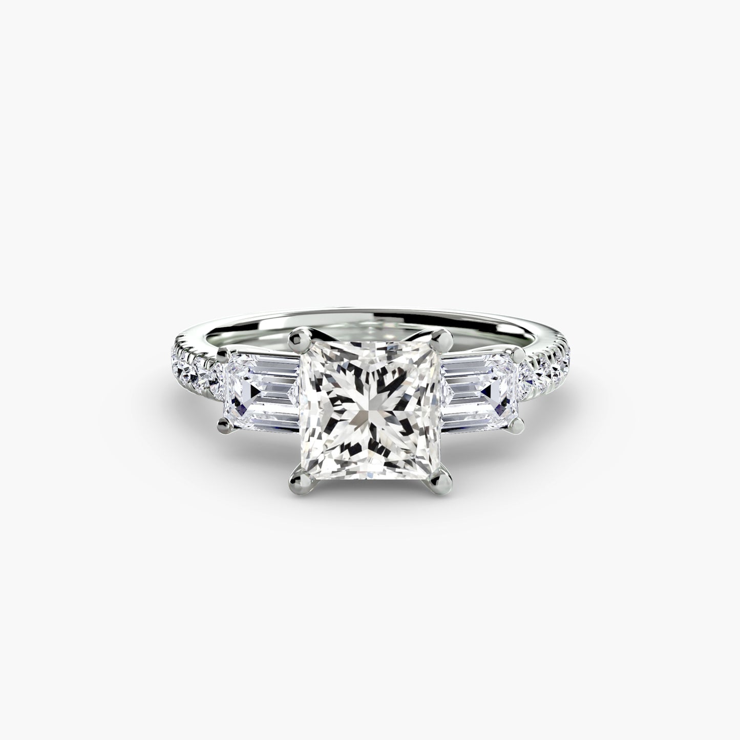 The "Cecelia" Three-Stone Ring with Baguette and Pavé Band