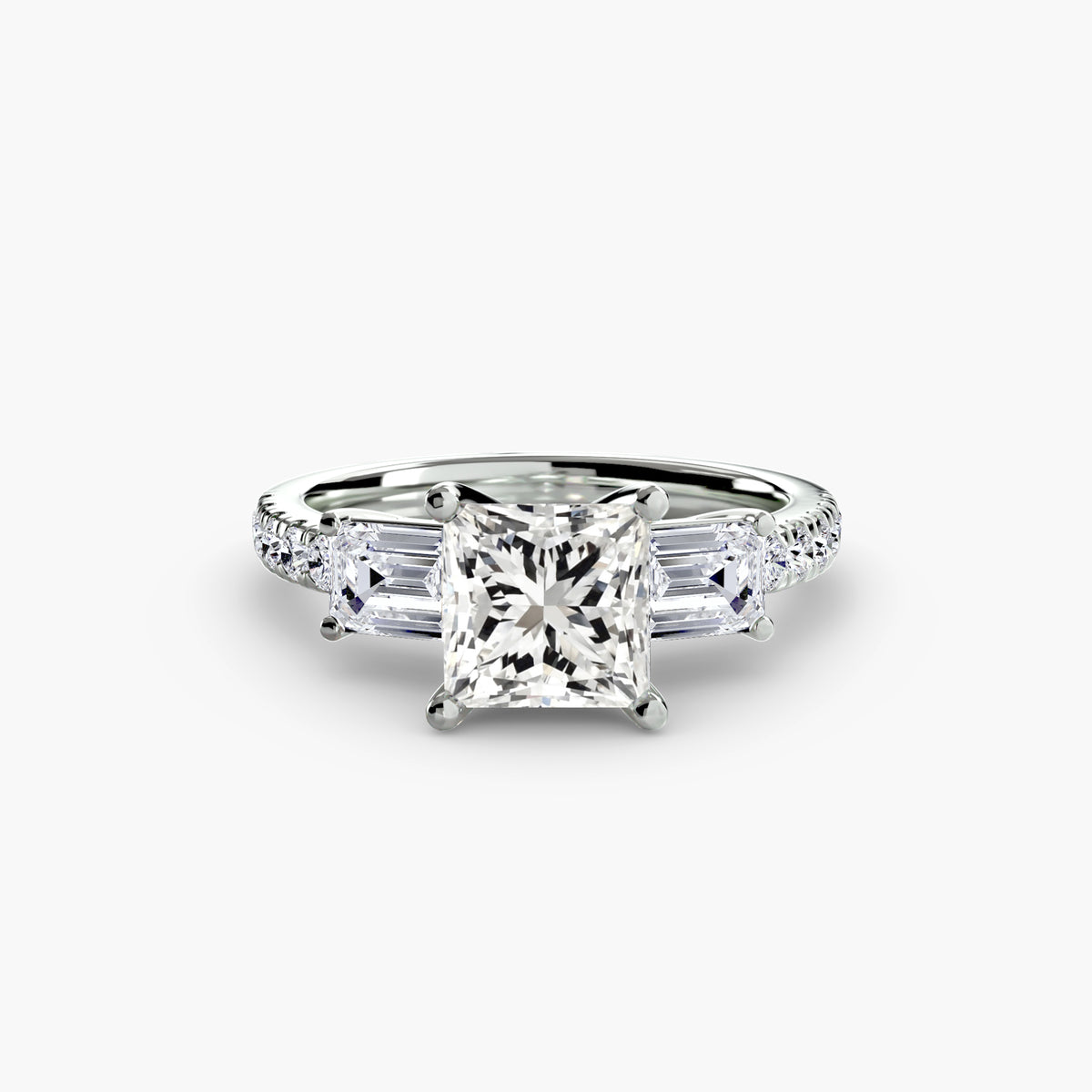 The "Cecelia" Three-Stone Ring with Baguette and Pavé Band