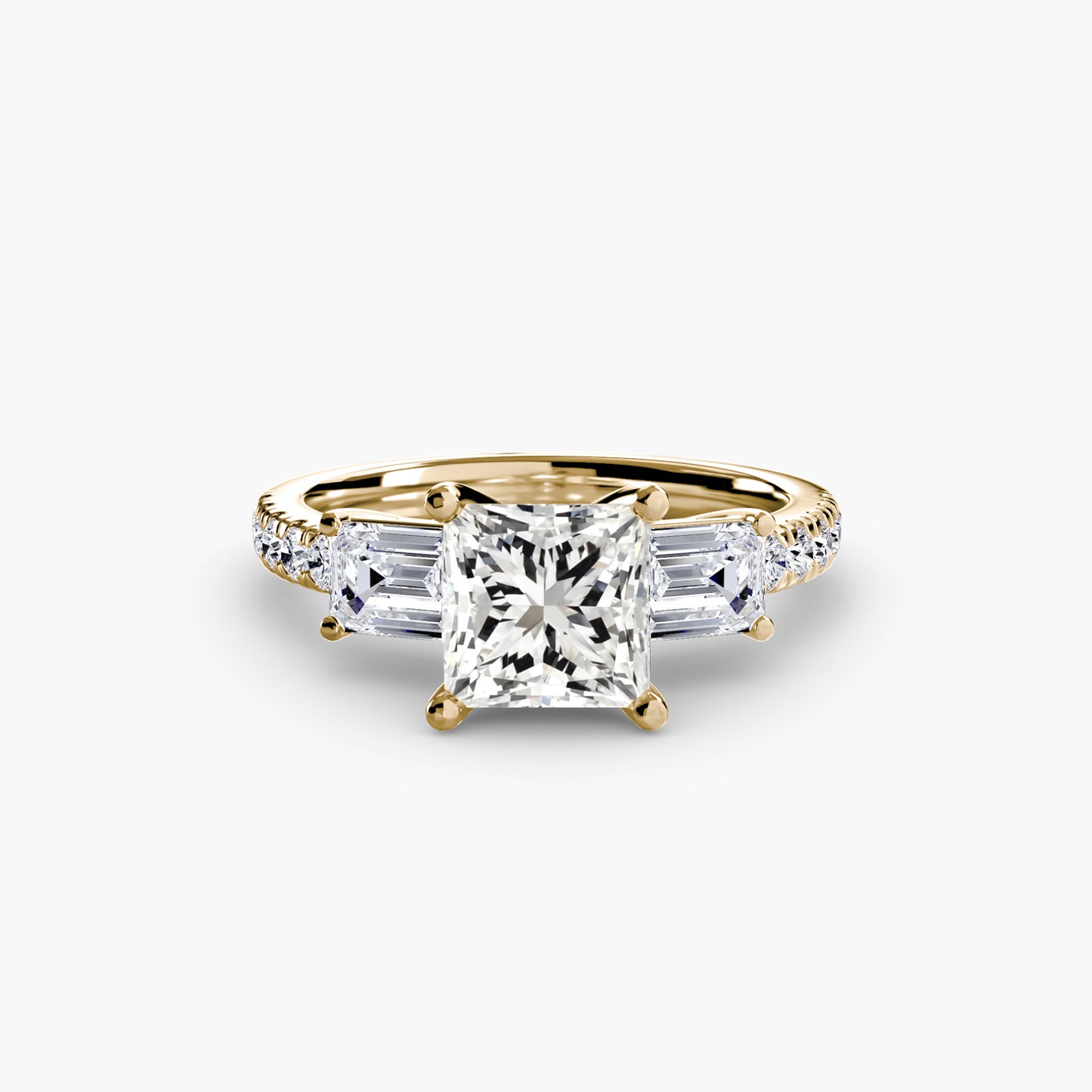 The "Cecelia" Three-Stone Ring with Baguette and Pavé Band