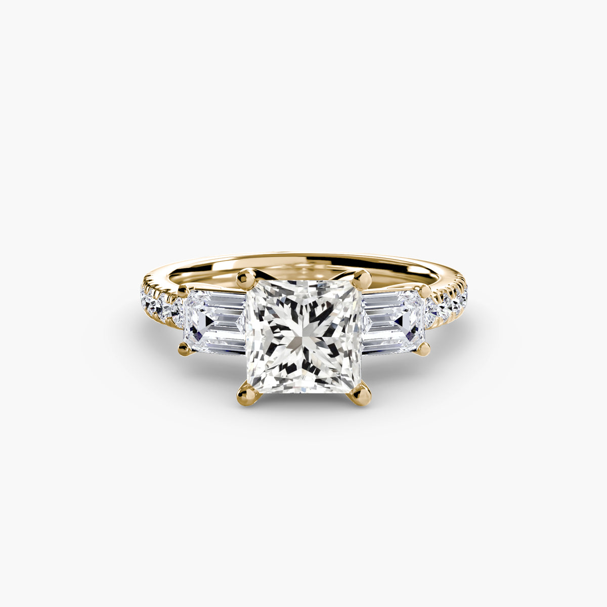 The "Cecelia" Three-Stone Ring with Baguette and Pavé Band