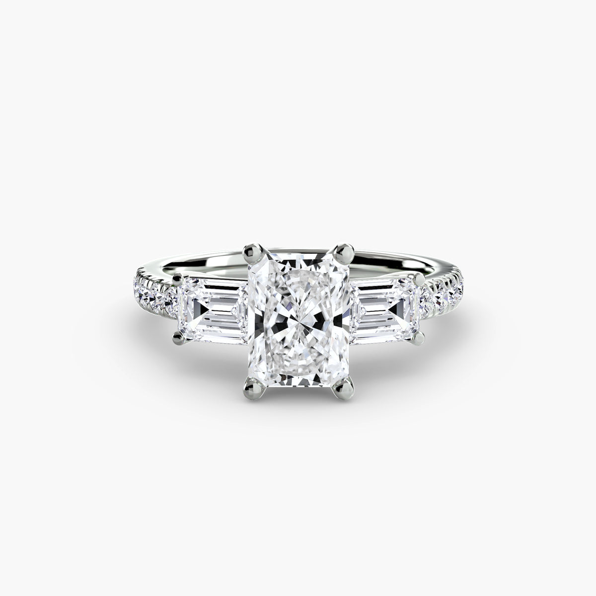 The "Cecelia" Three-Stone Ring with Baguette and Pavé Band