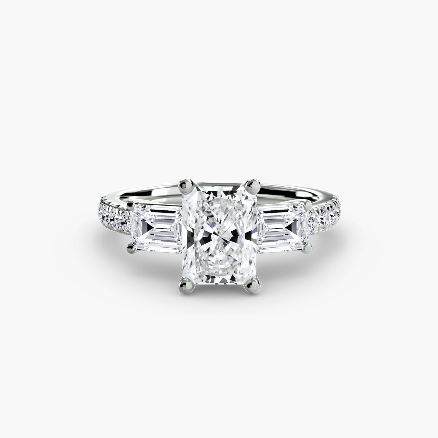 The "Cecelia" Three-Stone Ring with Baguette and Pavé Band
