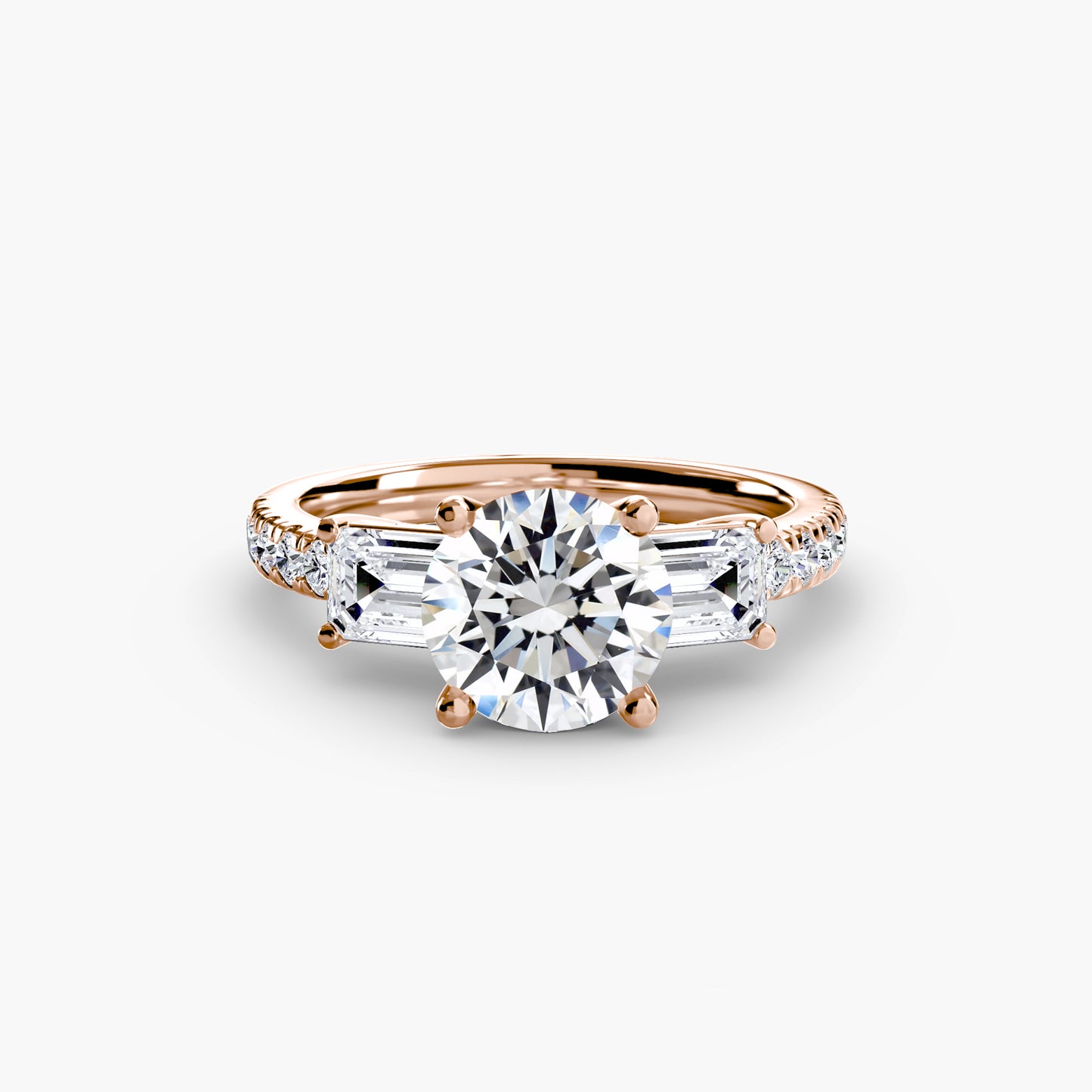 The "Cecelia" Three-Stone Ring with Baguette and Pavé Band