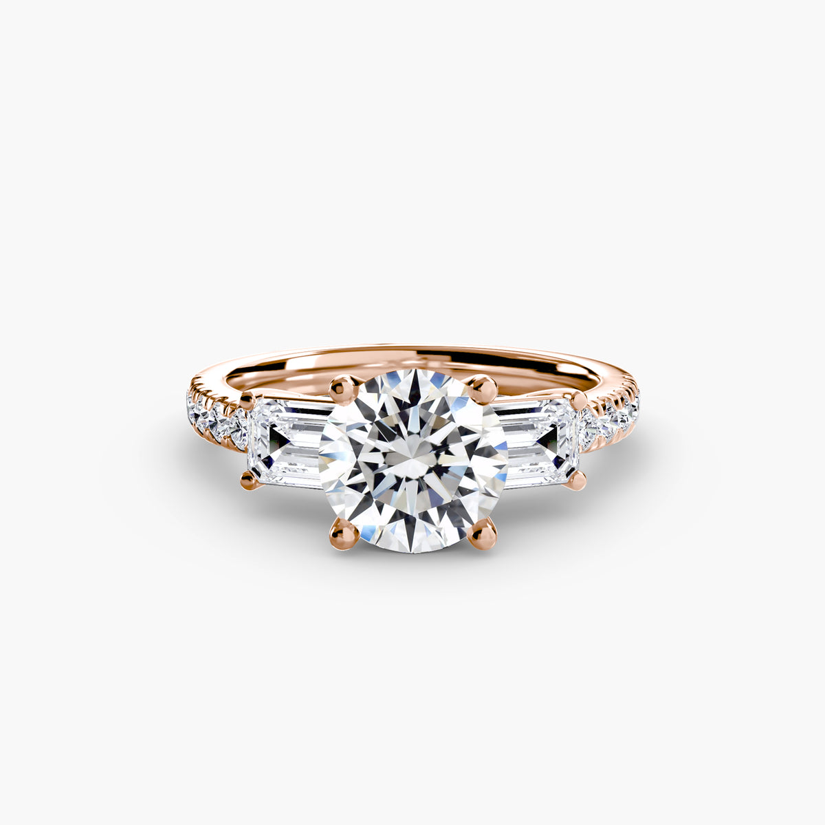 The "Cecelia" Three-Stone Ring with Baguette and Pavé Band