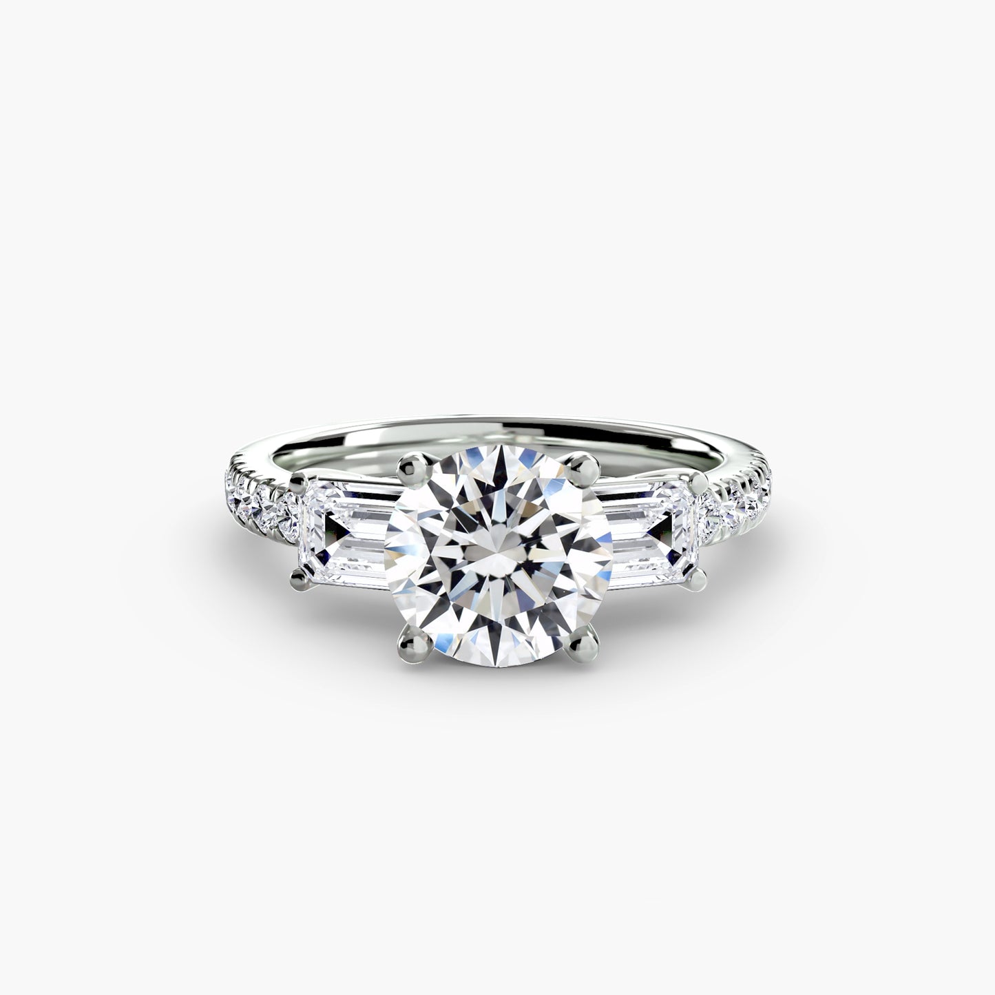The "Cecelia" Three-Stone Ring with Baguette and Pavé Band