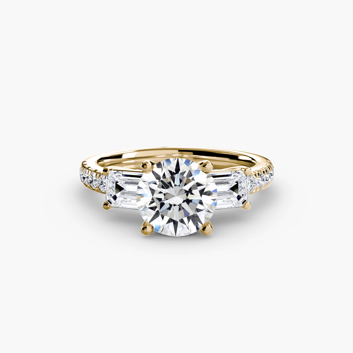 The "Cecelia" Three-Stone Ring with Baguette and Pavé Band