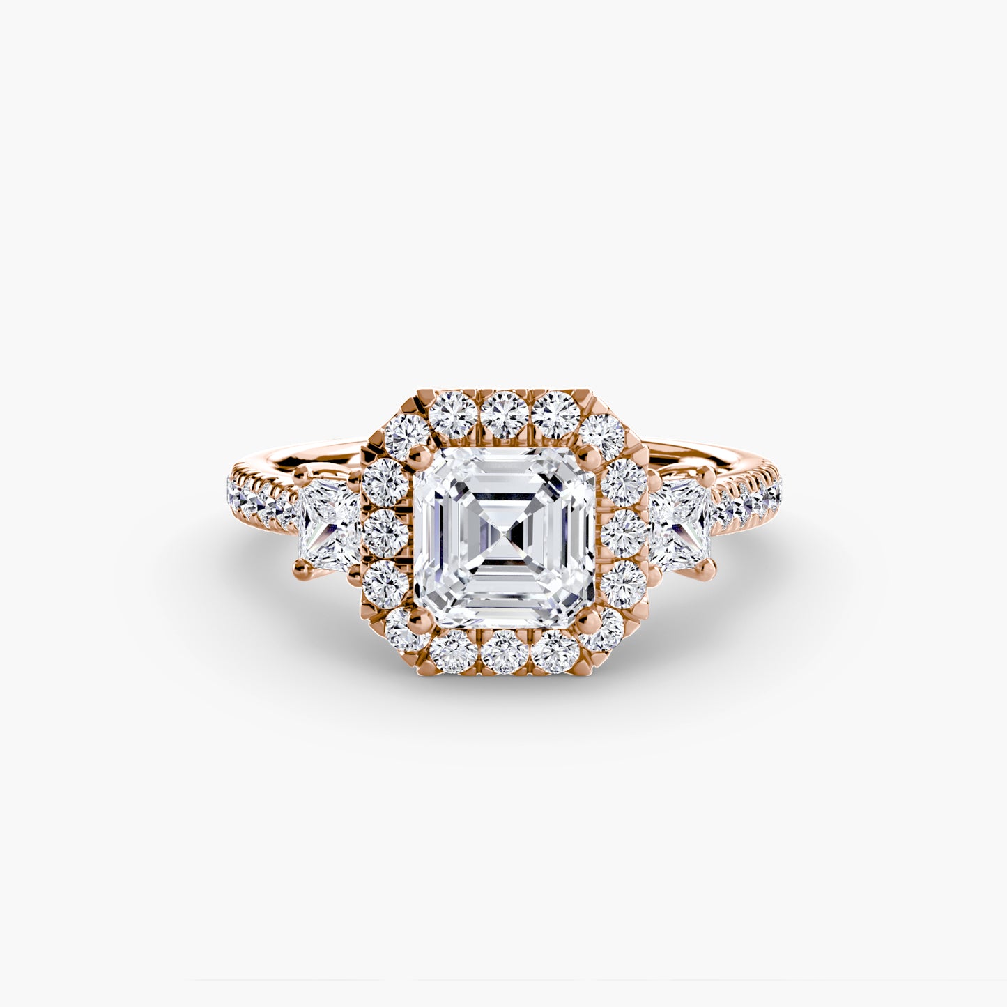 The "Felicity" Three-Stone Halo Ring with Diamond Gallery