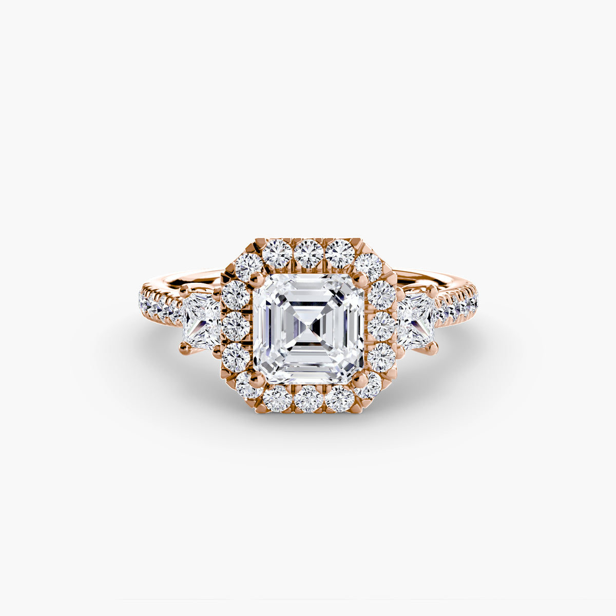 The "Felicity" Three-Stone Halo Ring with Diamond Gallery