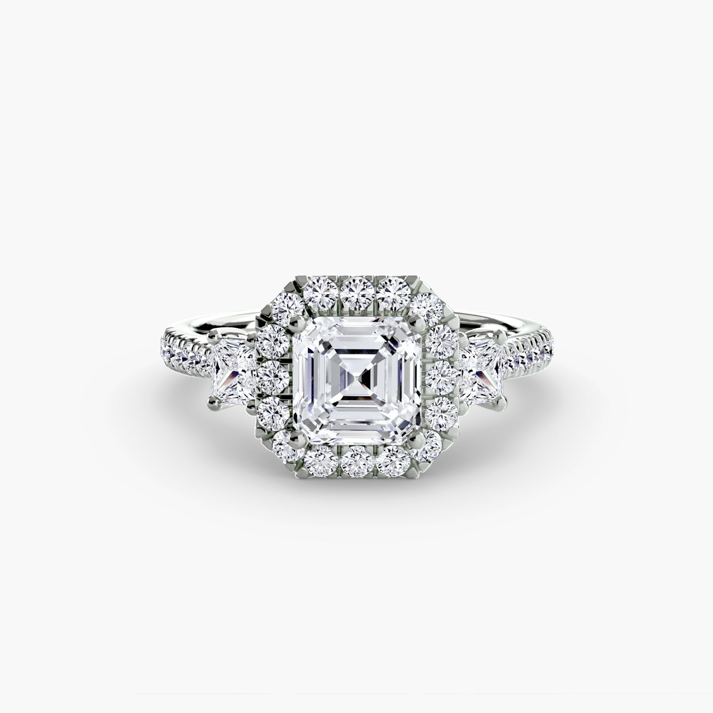 The "Felicity" Three-Stone Halo Ring with Diamond Gallery