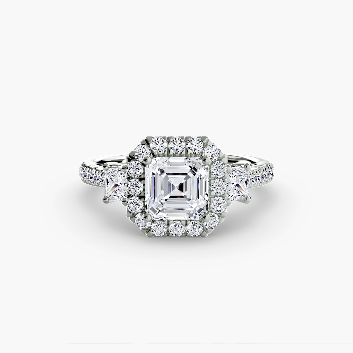 The "Felicity" Three-Stone Halo Ring with Diamond Gallery