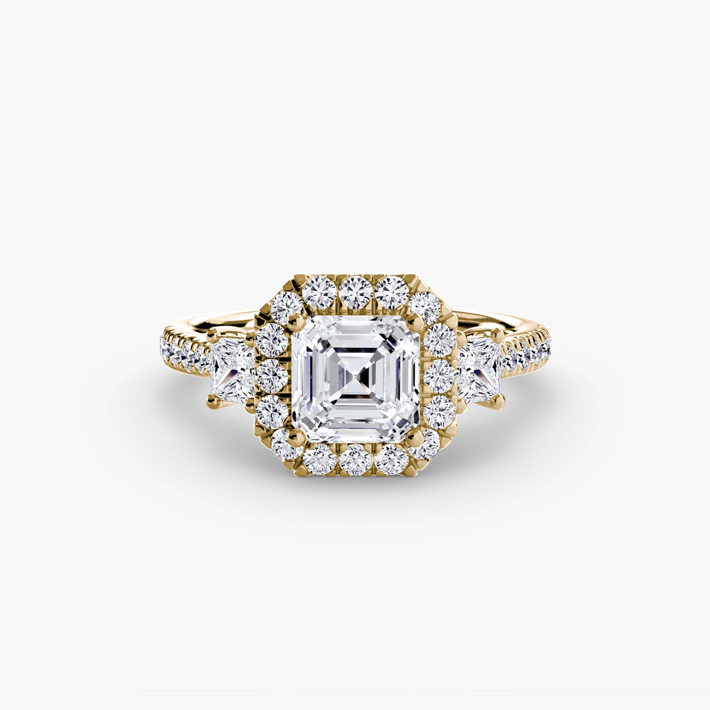 The "Felicity" Three-Stone Halo Ring with Diamond Gallery