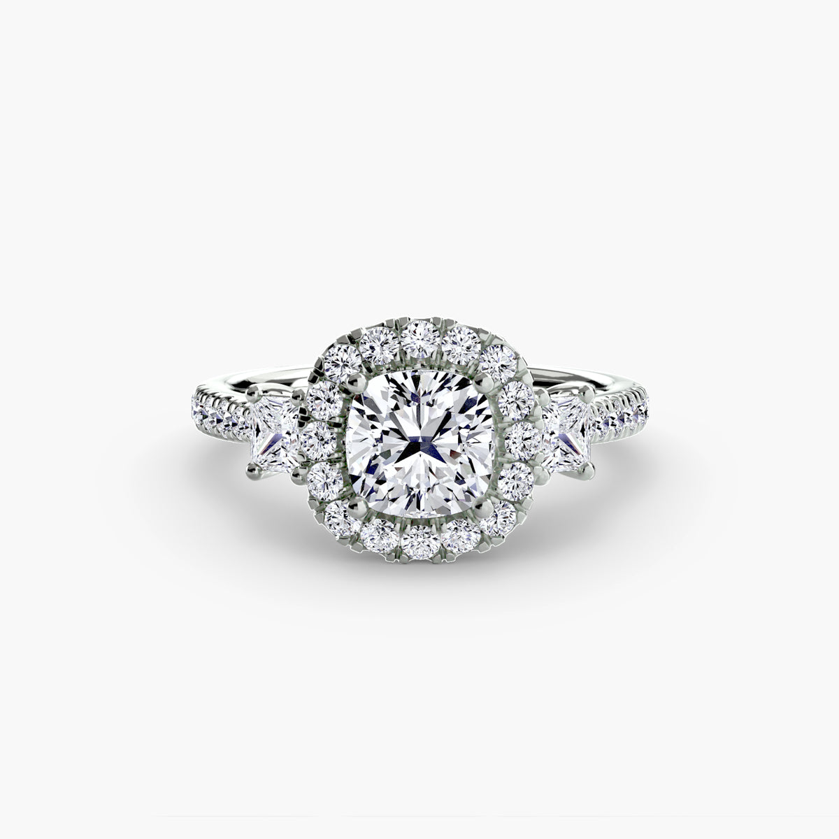 The "Felicity" Three-Stone Halo Ring with Diamond Gallery