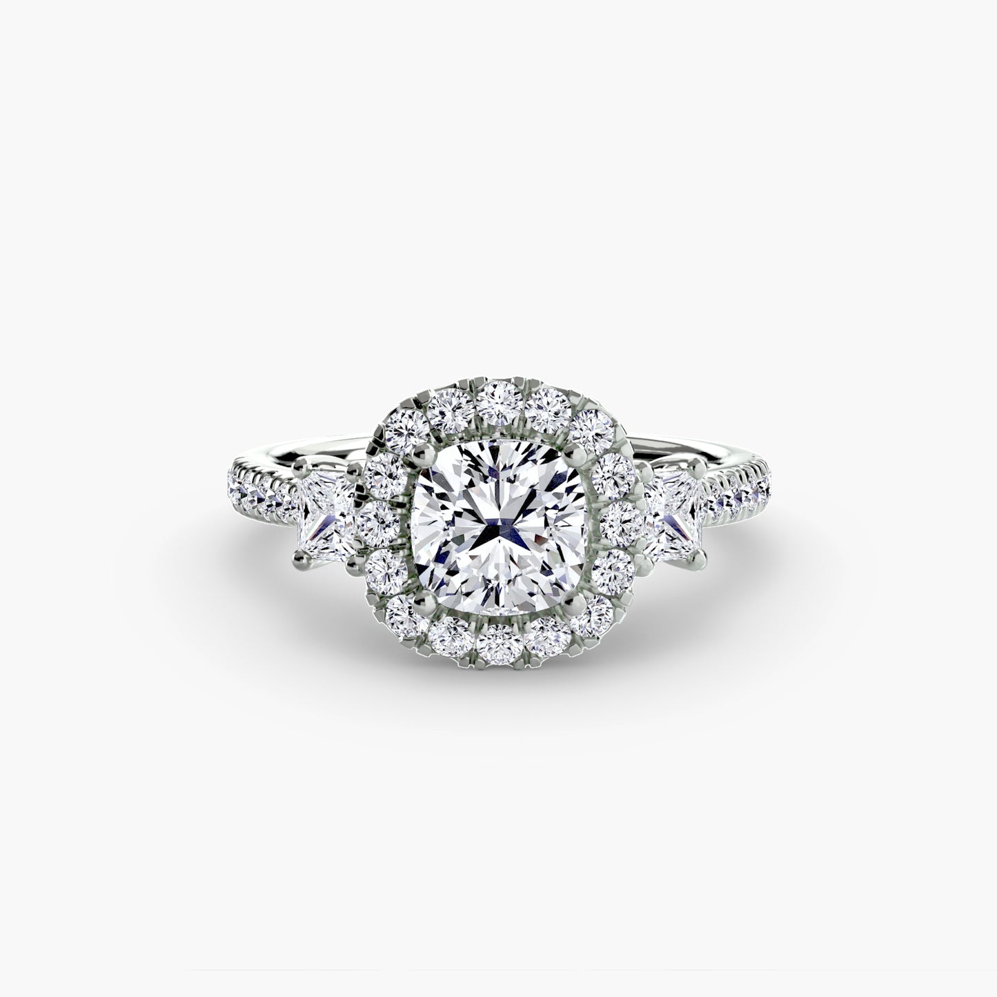 The "Felicity" Three-Stone Halo Ring with Diamond Gallery