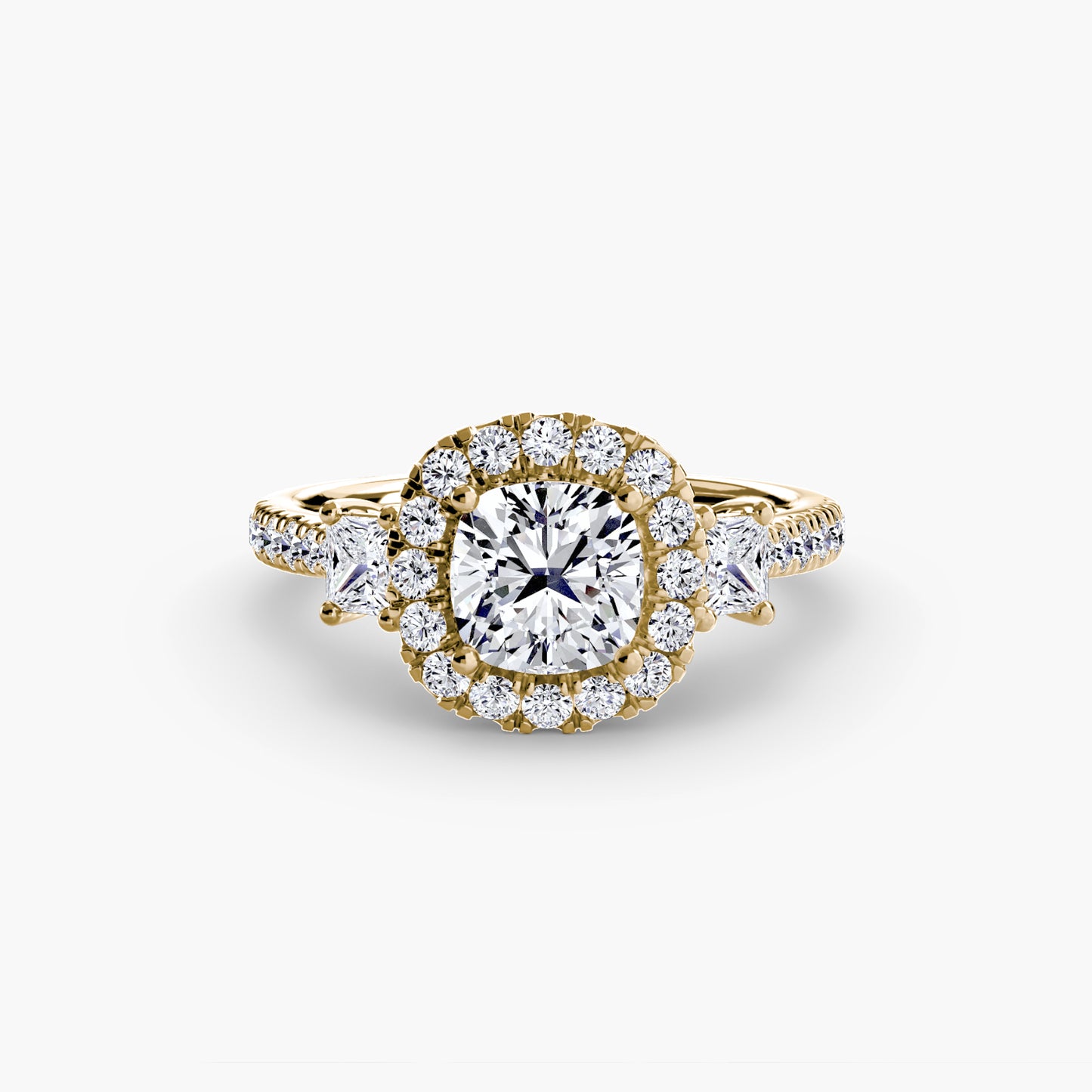 The "Felicity" Three-Stone Halo Ring with Diamond Gallery