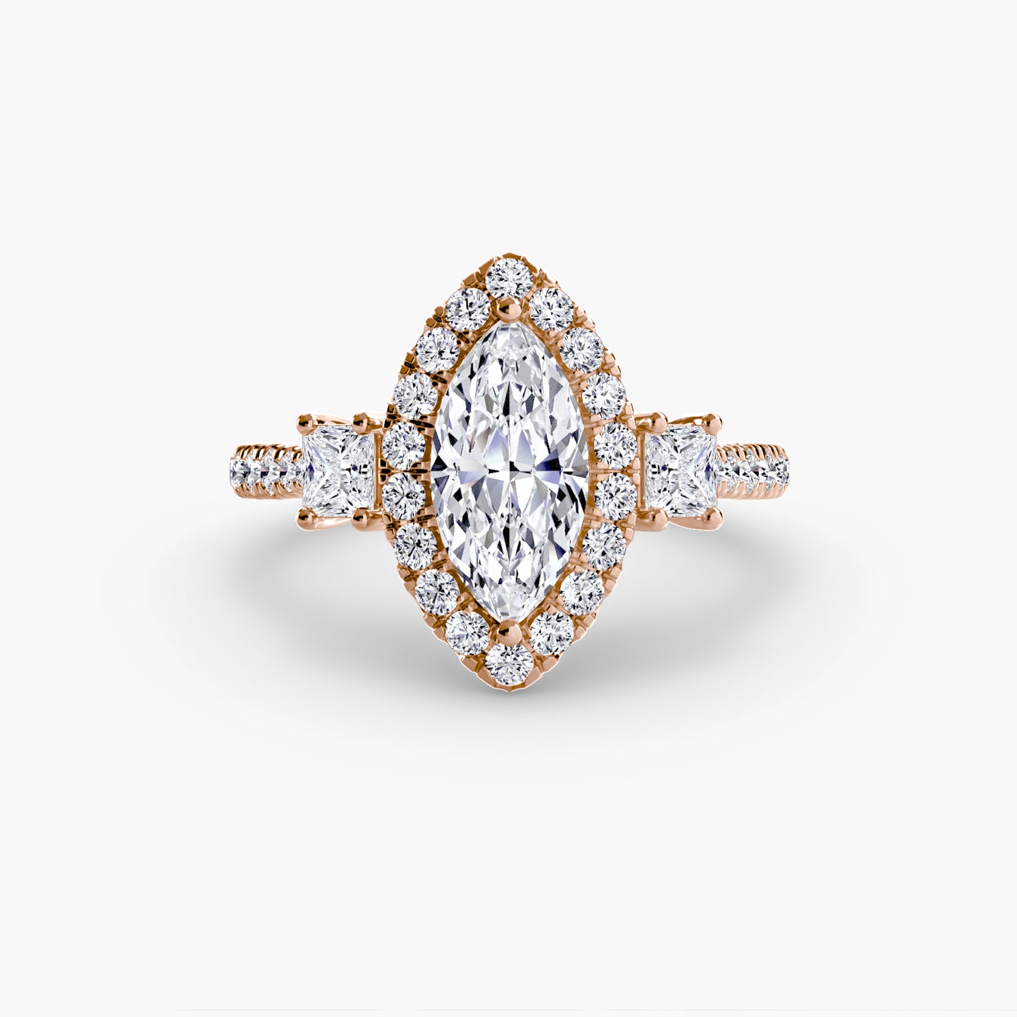 The "Felicity" Three-Stone Halo Ring with Diamond Gallery