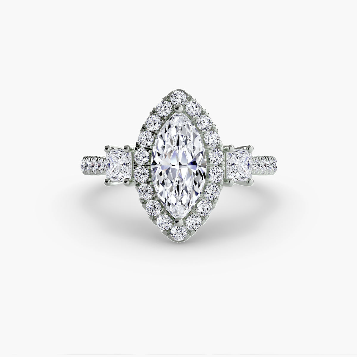The "Felicity" Three-Stone Halo Ring with Diamond Gallery