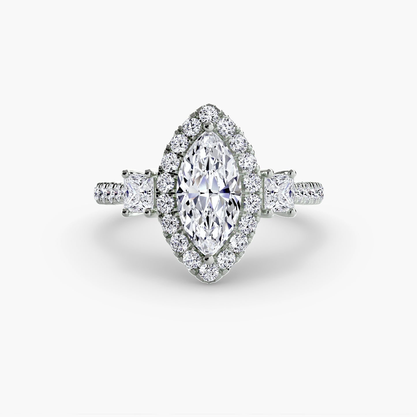 The "Felicity" Three-Stone Halo Ring with Diamond Gallery