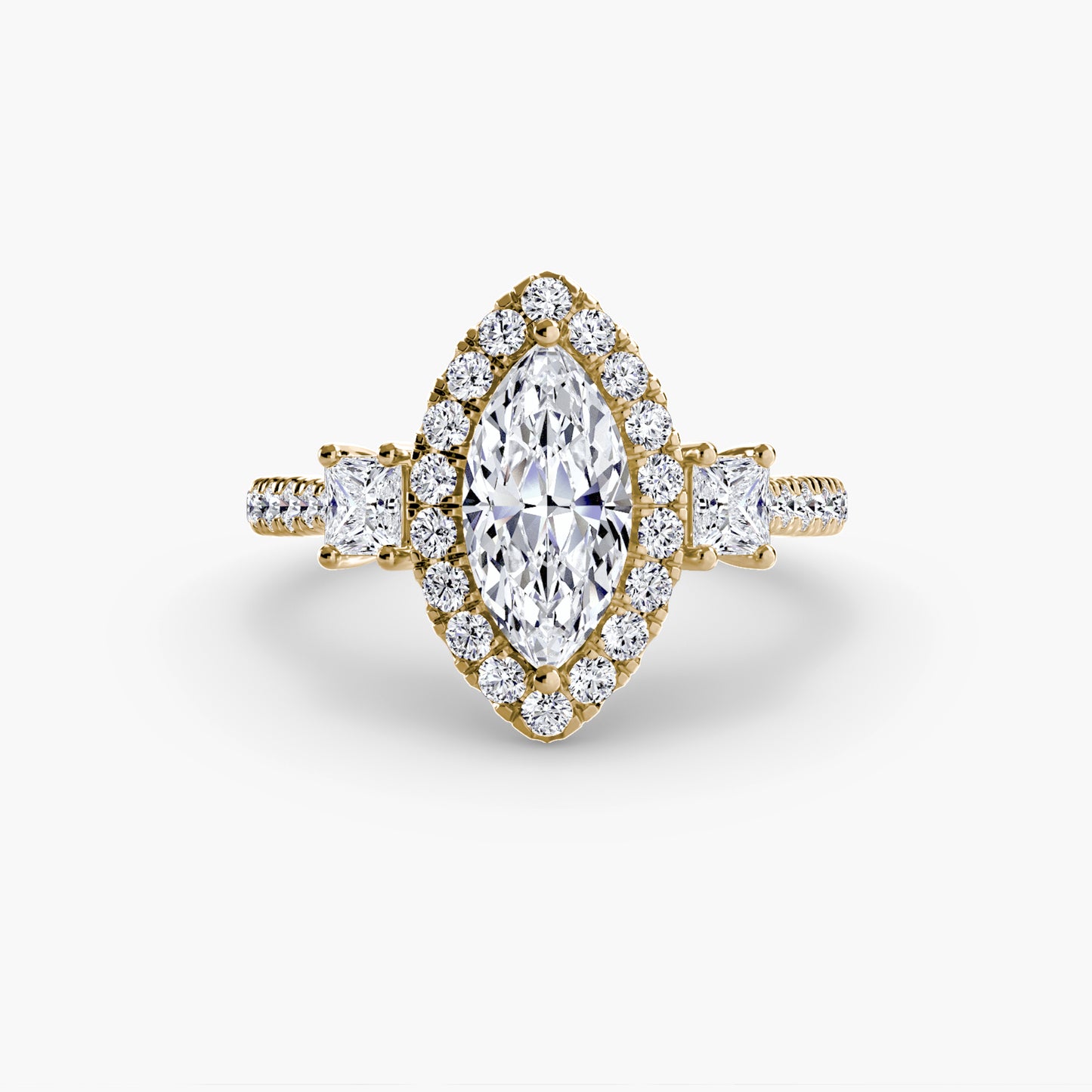 The "Felicity" Three-Stone Halo Ring with Diamond Gallery