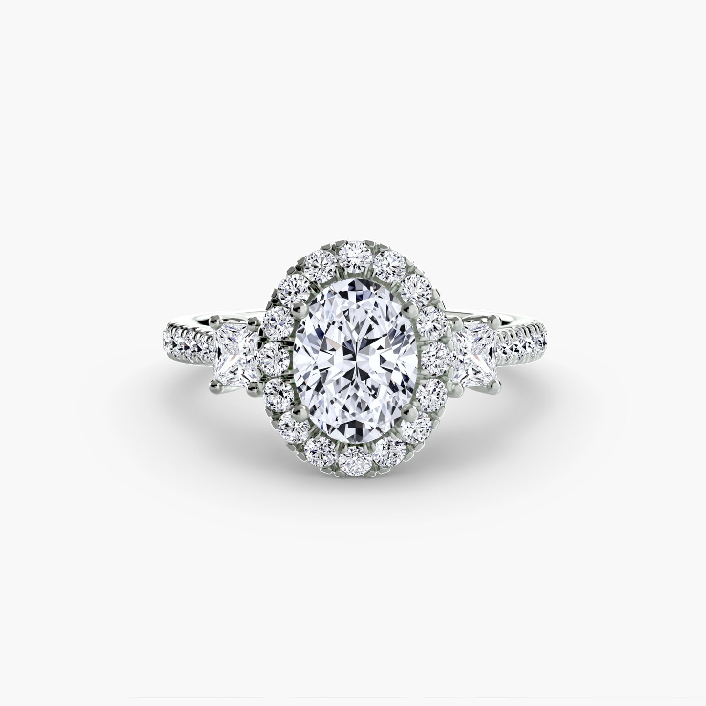The "Felicity" Three-Stone Halo Ring with Diamond Gallery