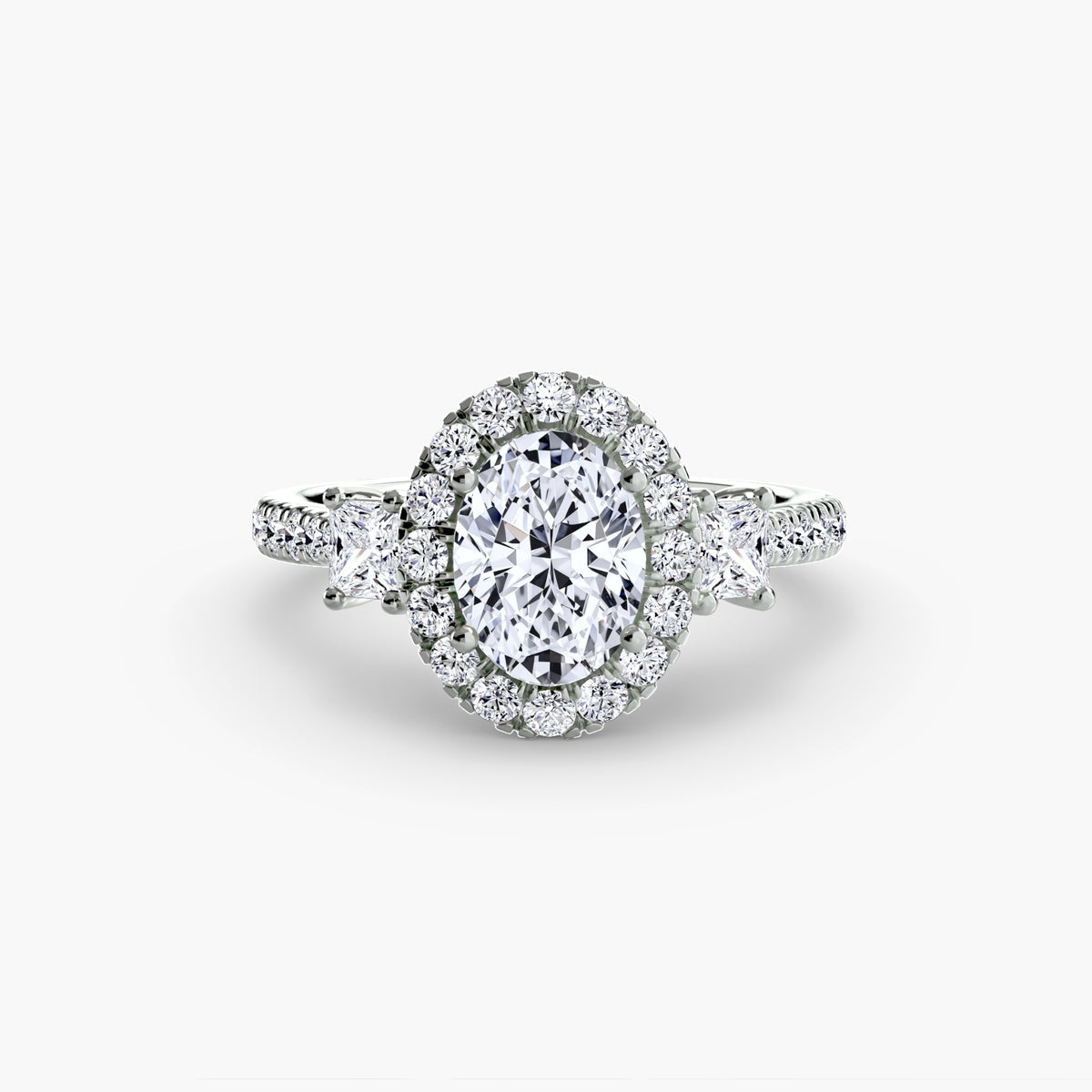 The "Felicity" Three-Stone Halo Ring with Diamond Gallery