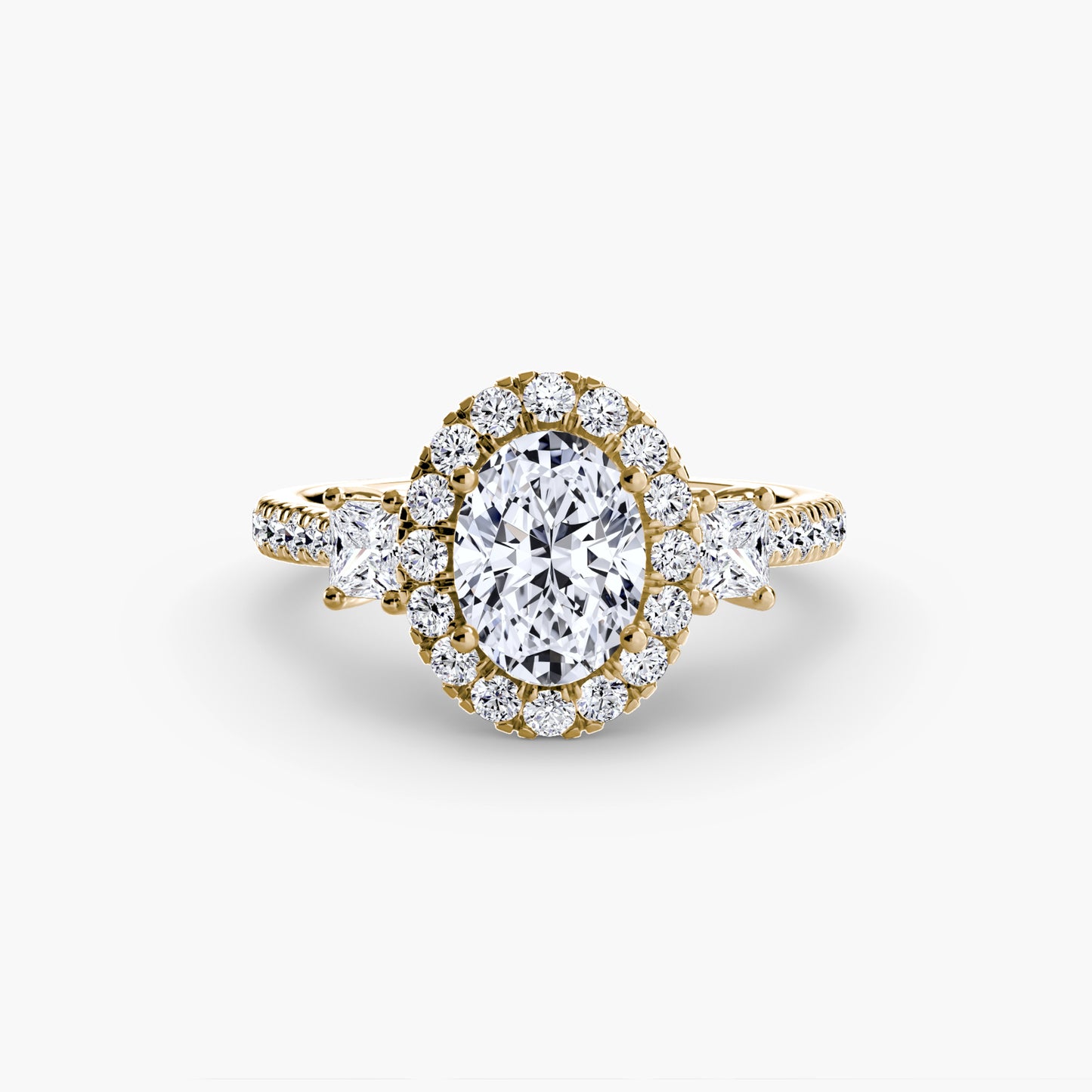 The "Felicity" Three-Stone Halo Ring with Diamond Gallery