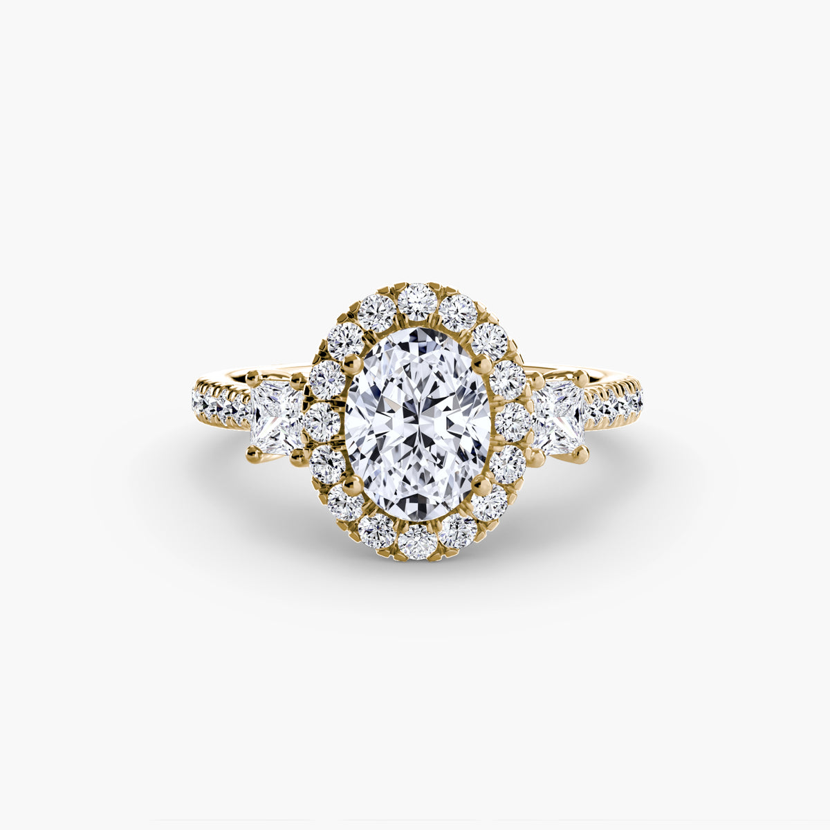 The "Felicity" Three-Stone Halo Ring with Diamond Gallery