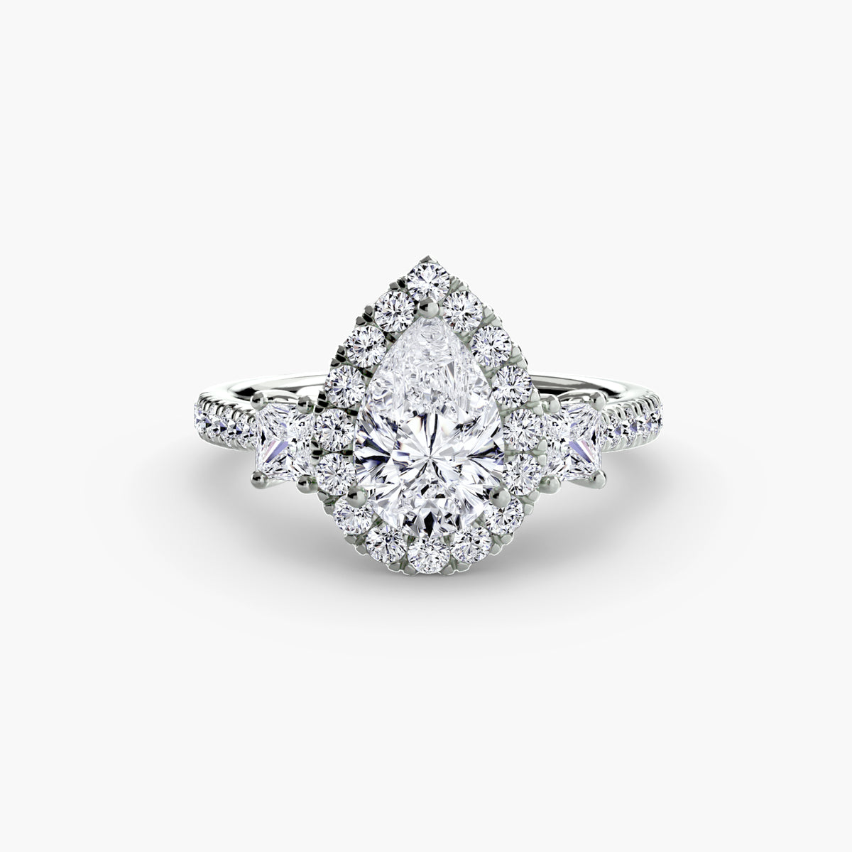 The "Felicity" Three-Stone Halo Ring with Diamond Gallery