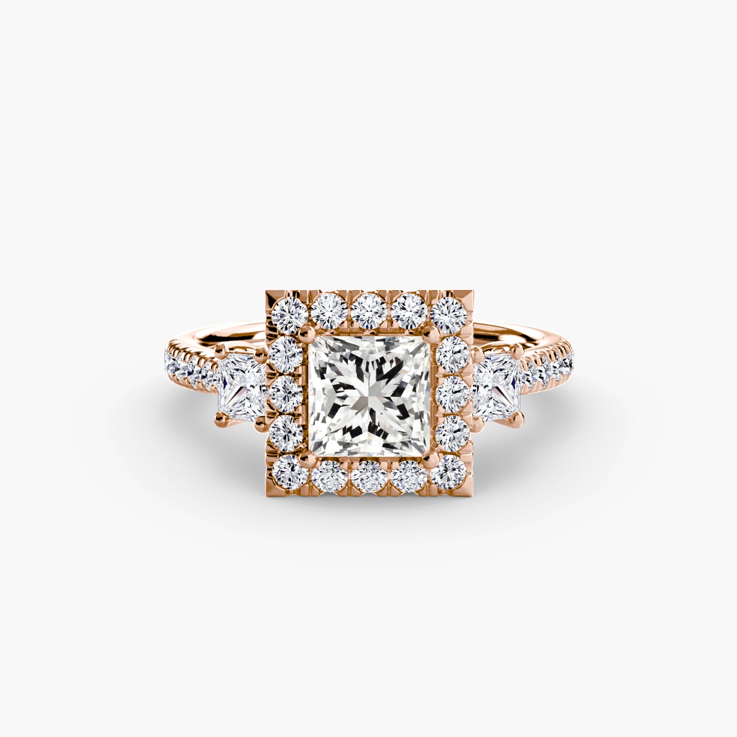 The "Felicity" Three-Stone Halo Ring with Diamond Gallery