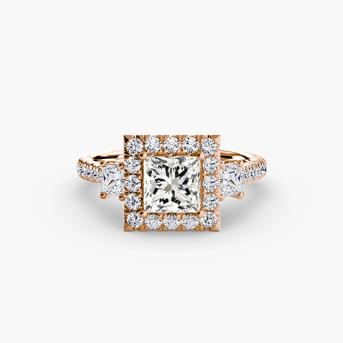 The "Felicity" Three-Stone Halo Ring with Diamond Gallery