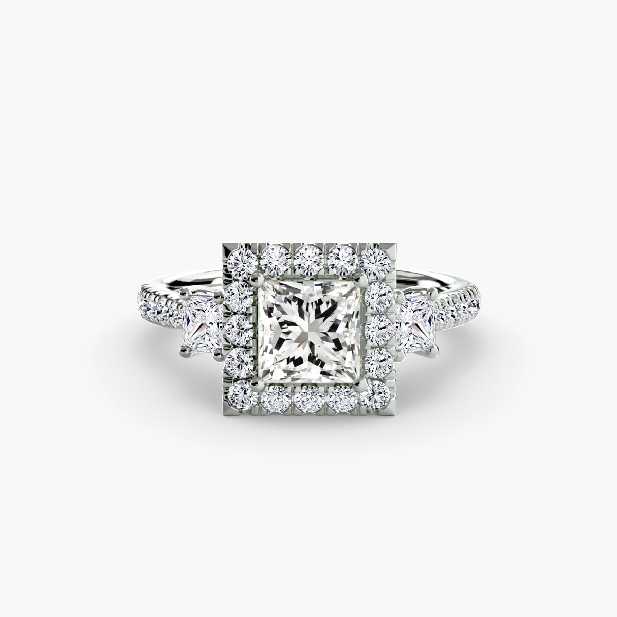 The "Felicity" Three-Stone Halo Ring with Diamond Gallery