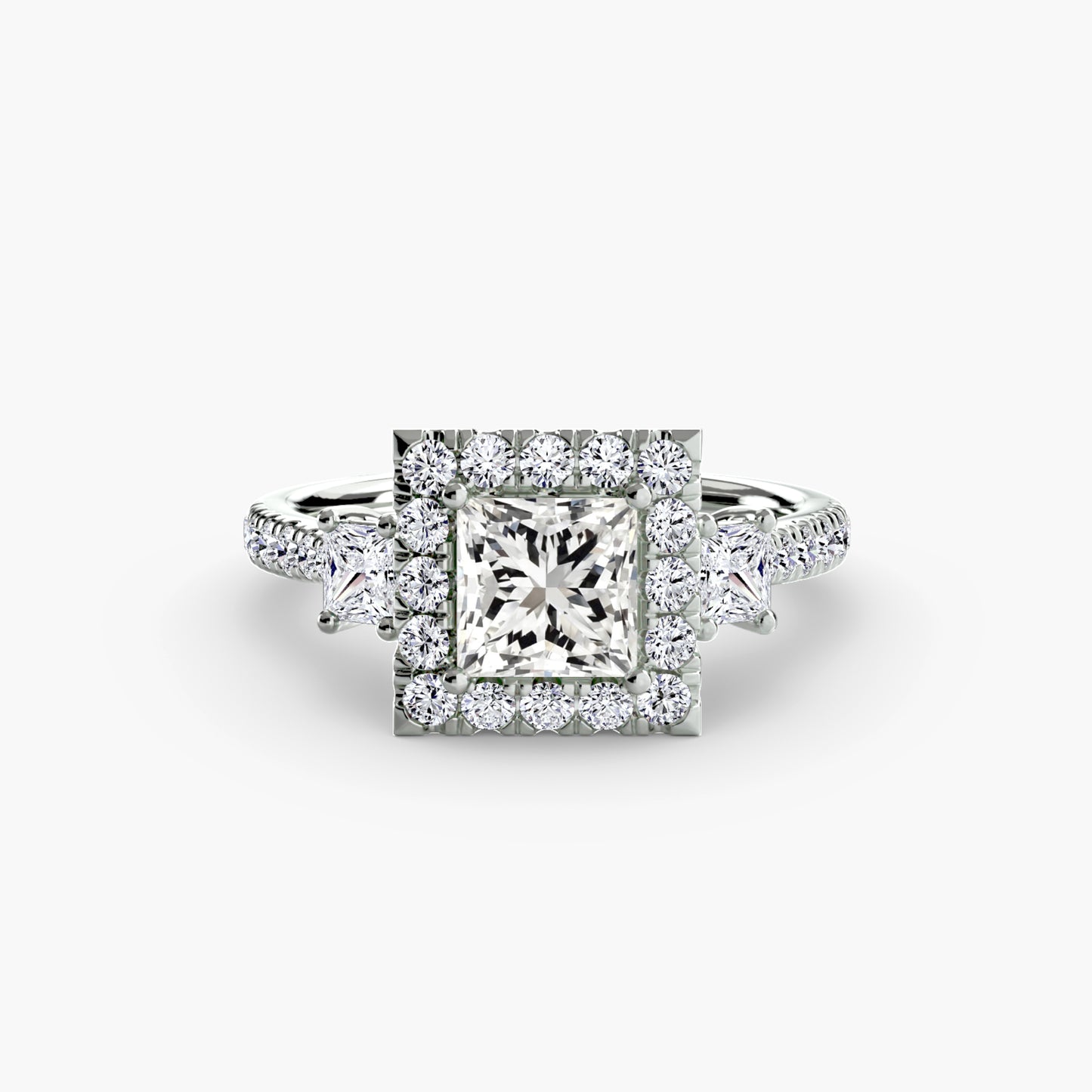 The "Felicity" Three-Stone Halo Ring with Diamond Gallery