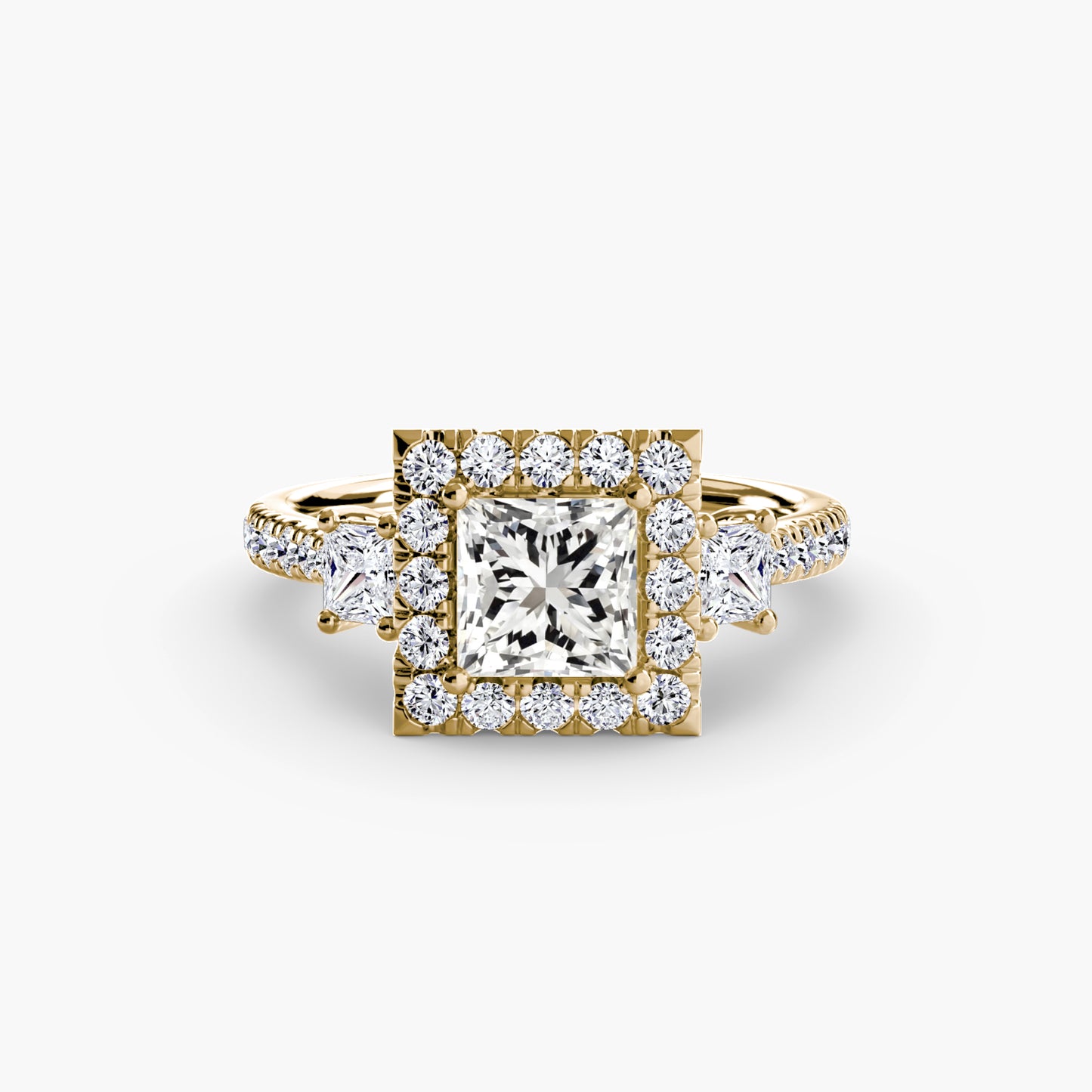 The "Felicity" Three-Stone Halo Ring with Diamond Gallery