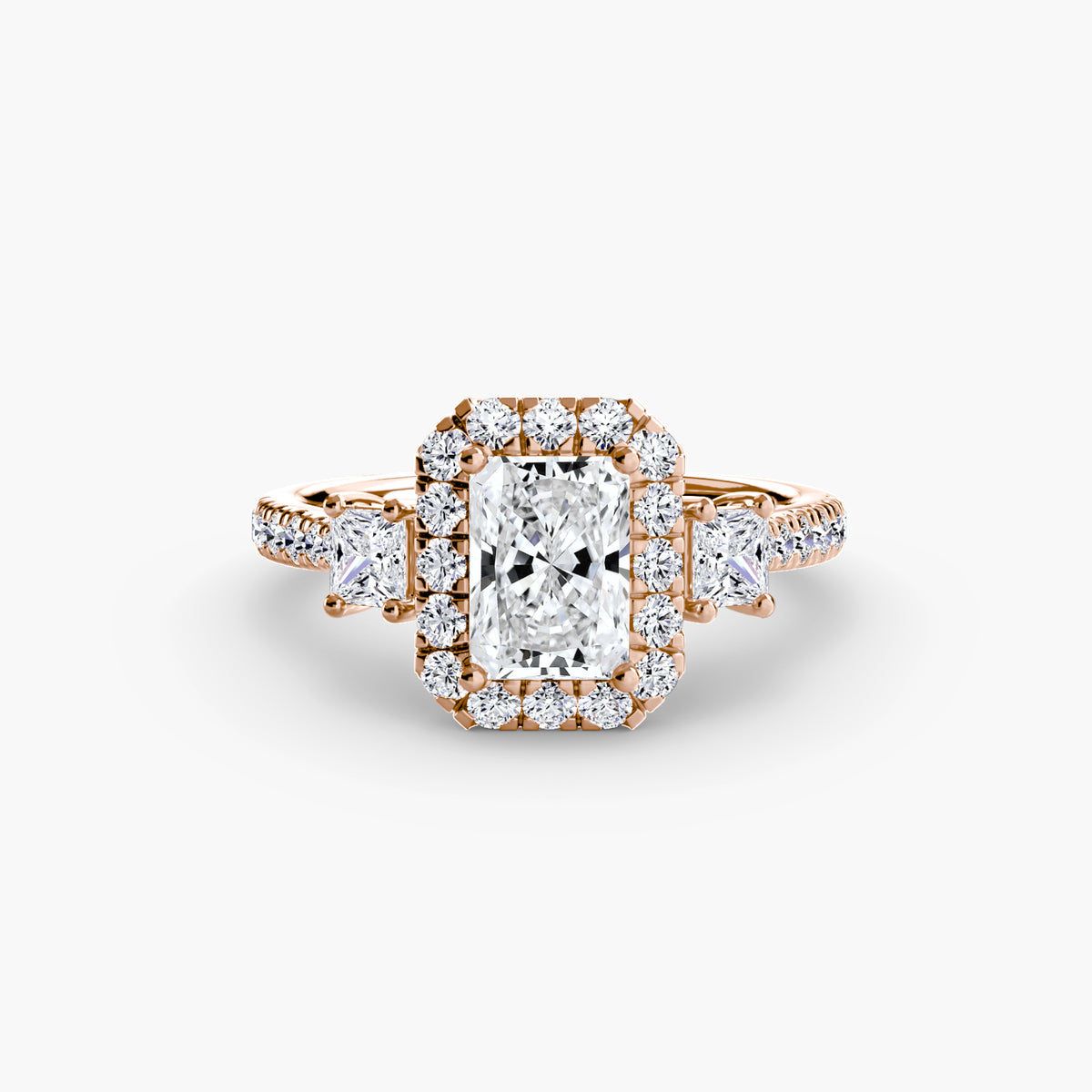 The "Felicity" Three-Stone Halo Ring with Diamond Gallery