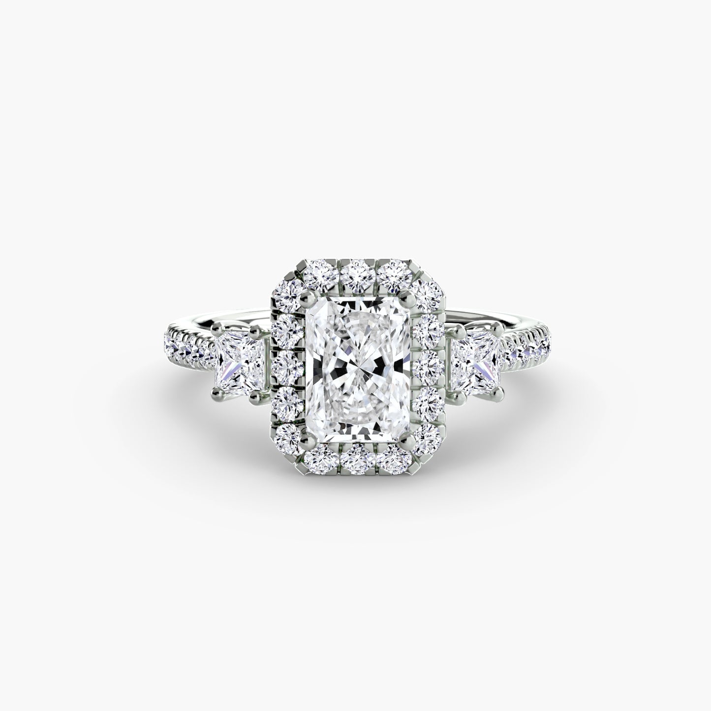 The "Felicity" Three-Stone Halo Ring with Diamond Gallery