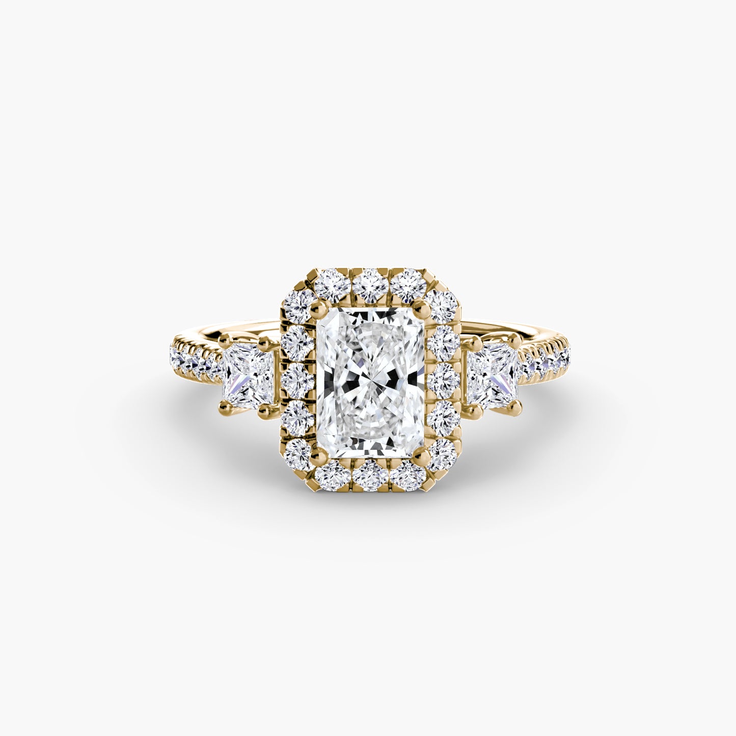 The "Felicity" Three-Stone Halo Ring with Diamond Gallery
