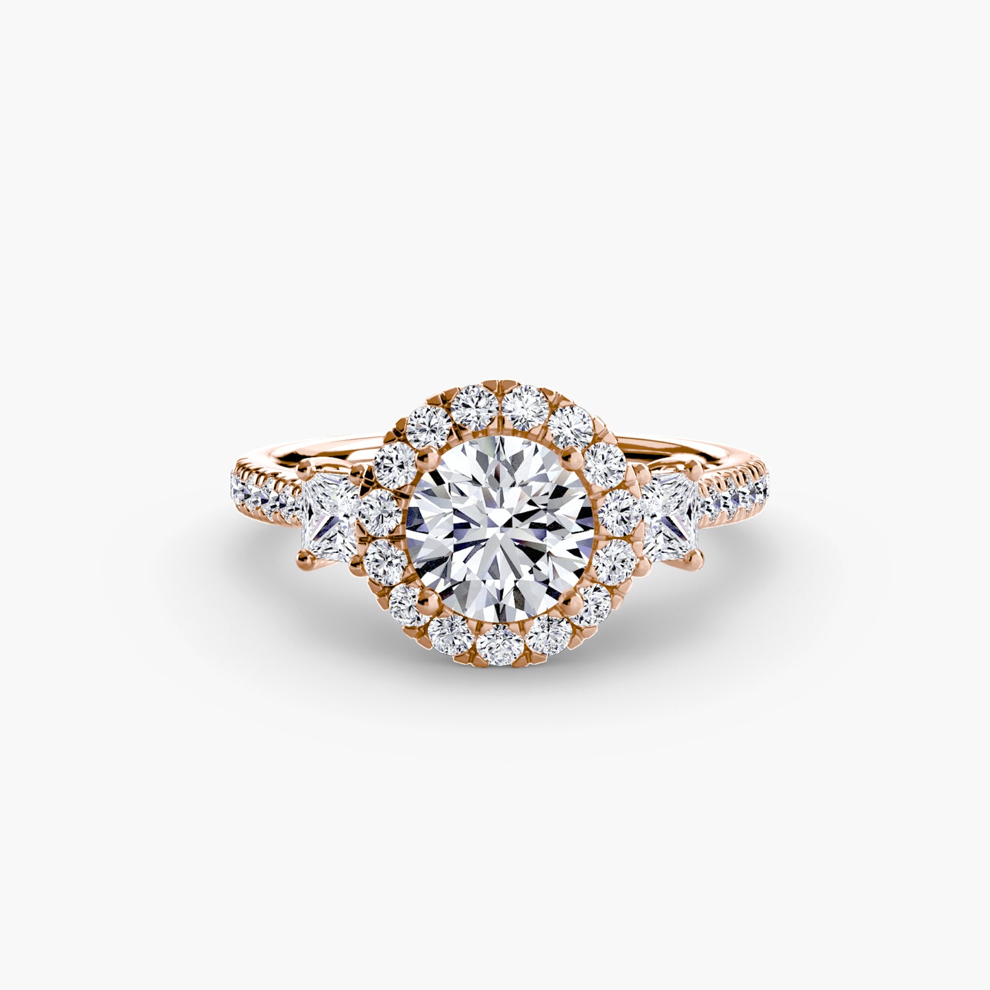 The "Felicity" Three-Stone Halo Ring with Diamond Gallery