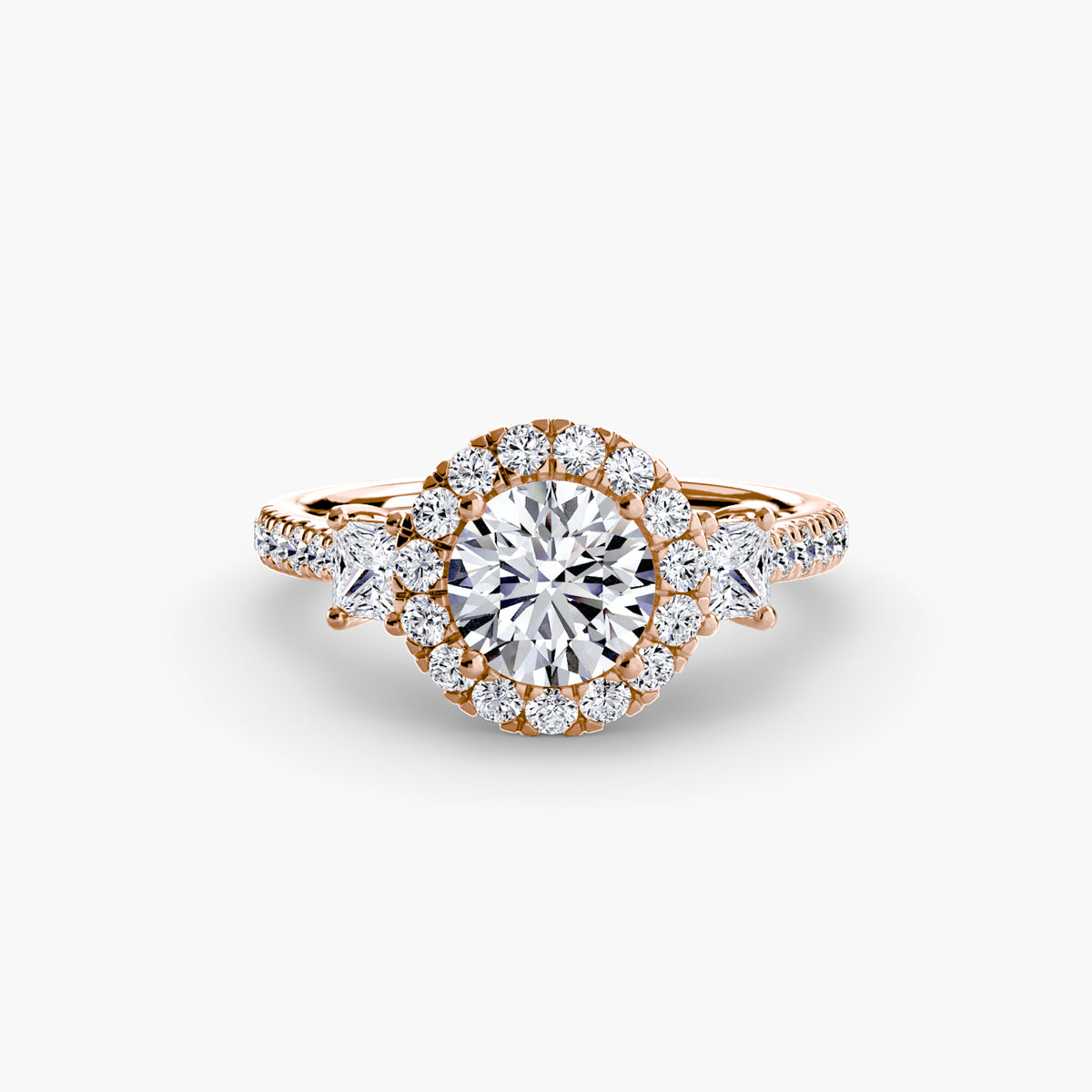The "Felicity" Three-Stone Halo Ring with Diamond Gallery
