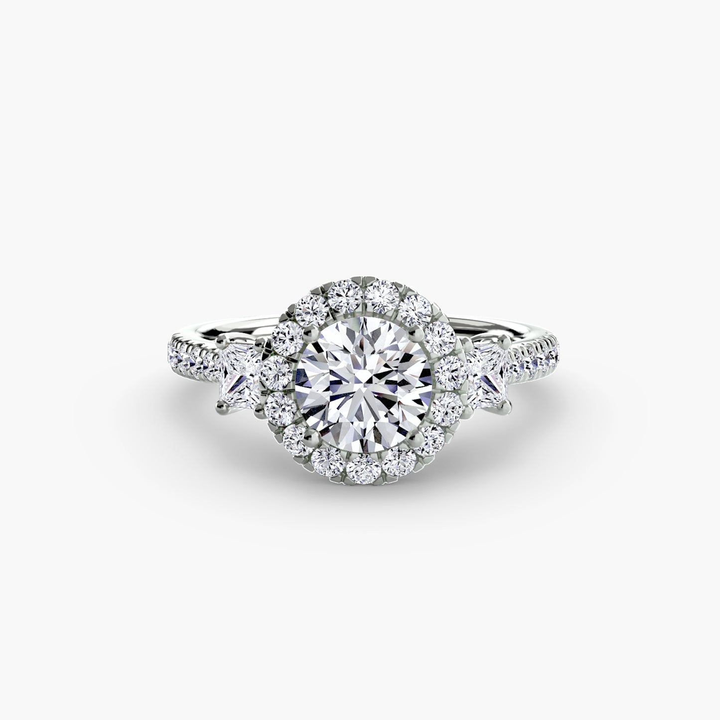 The "Felicity" Three-Stone Halo Ring with Diamond Gallery