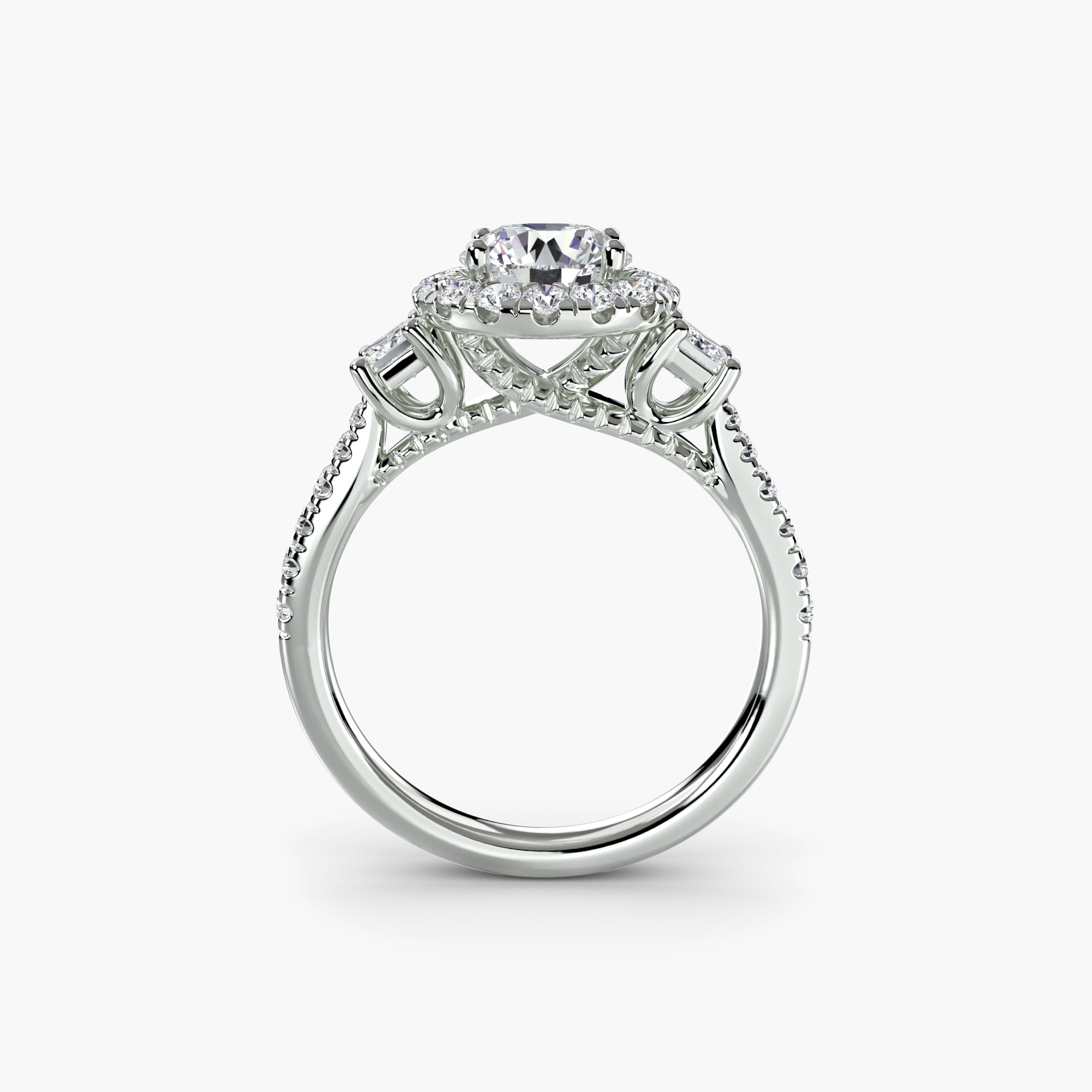 The "Felicity" Three-Stone Halo Ring with Diamond Gallery