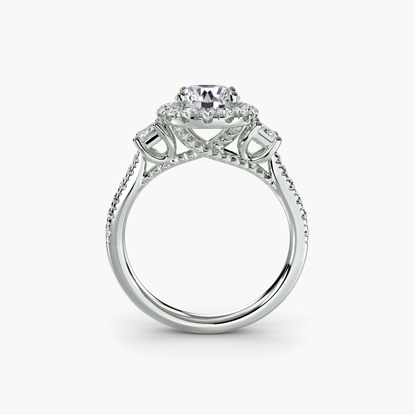 The "Felicity" Three-Stone Halo Ring with Diamond Gallery