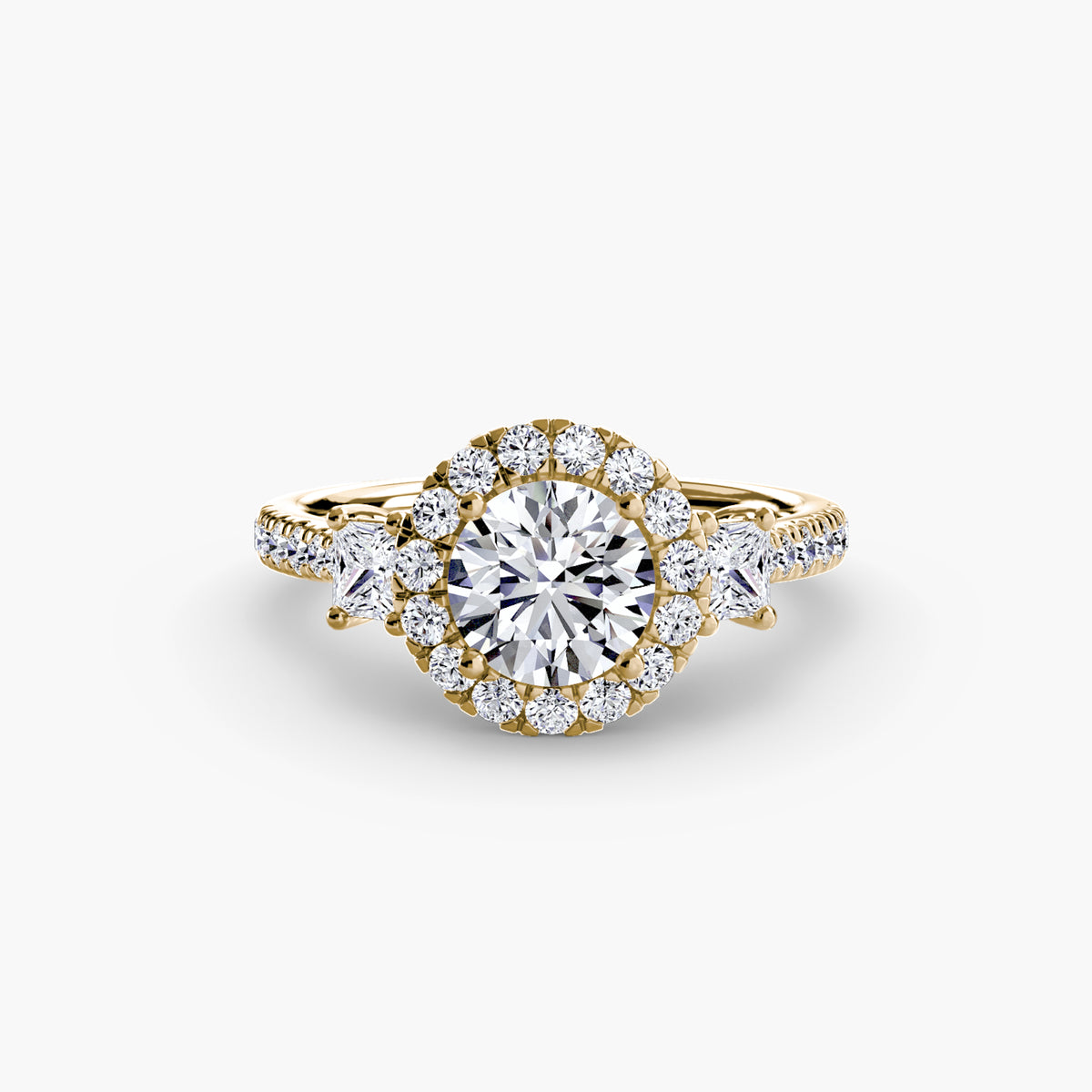 The "Felicity" Three-Stone Halo Ring with Diamond Gallery
