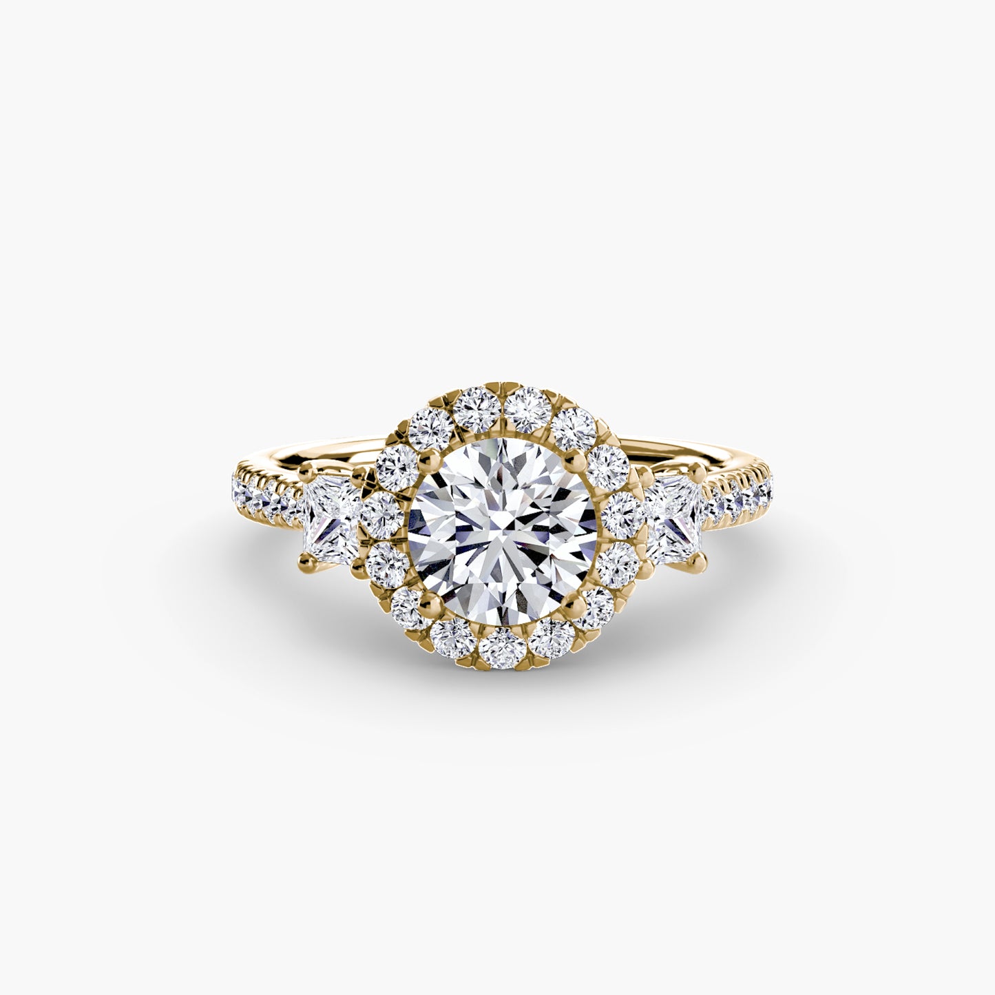 The "Felicity" Three-Stone Halo Ring with Diamond Gallery