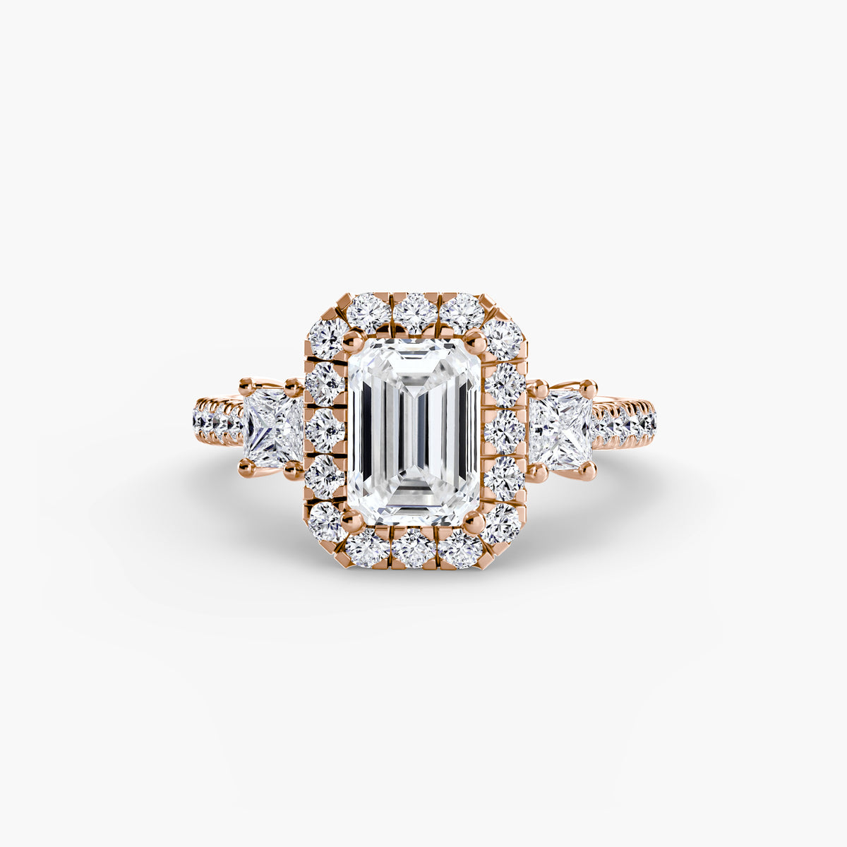 The "Felicity" Three-Stone Halo Ring with Diamond Gallery