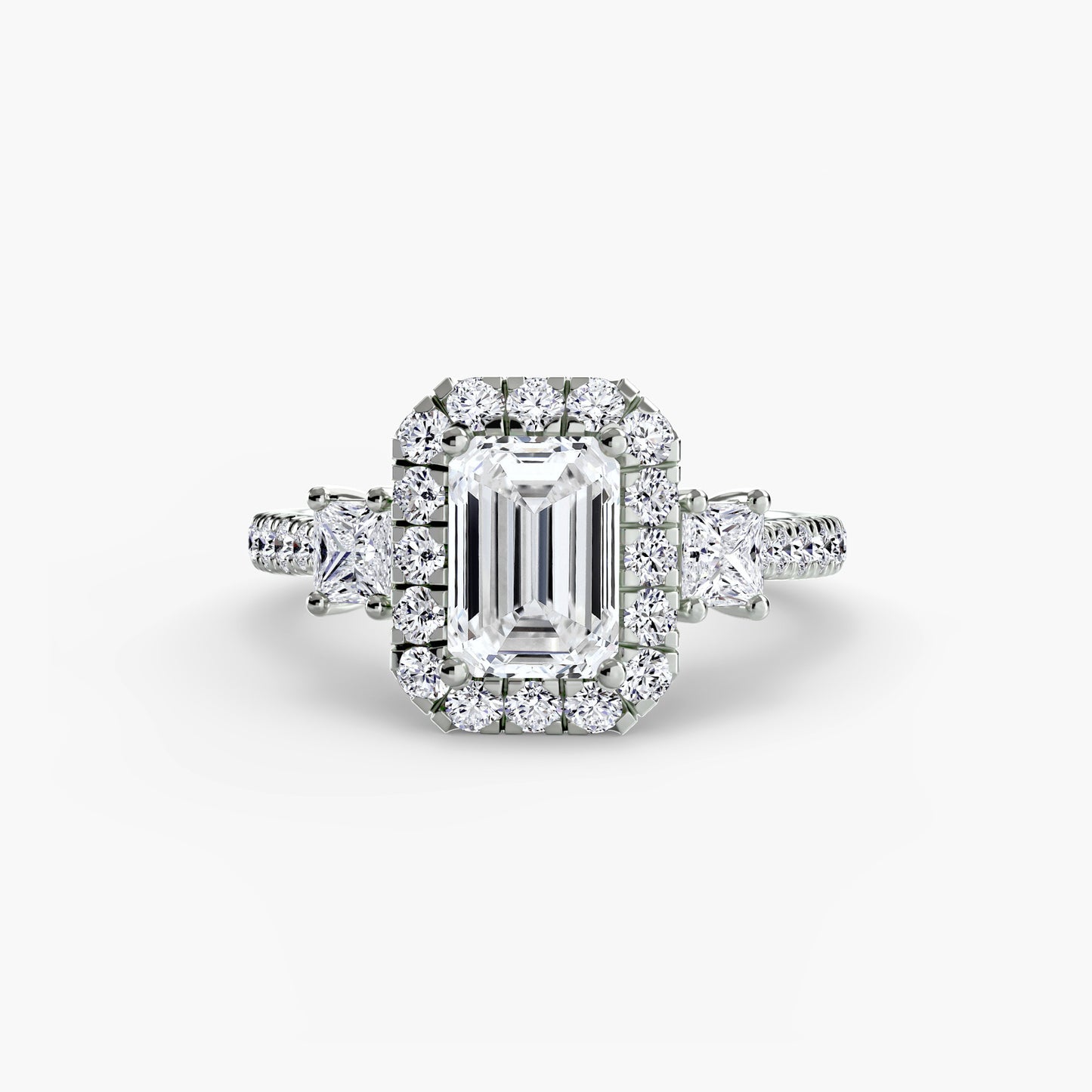The "Felicity" Three-Stone Halo Ring with Diamond Gallery