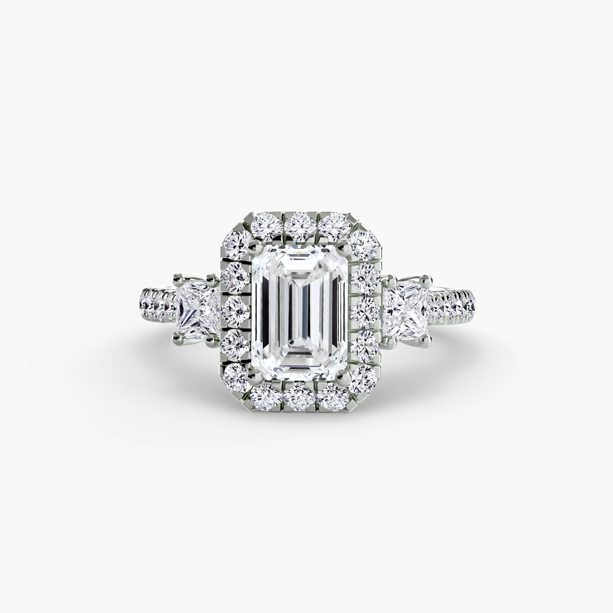 The "Felicity" Three-Stone Halo Ring with Diamond Gallery