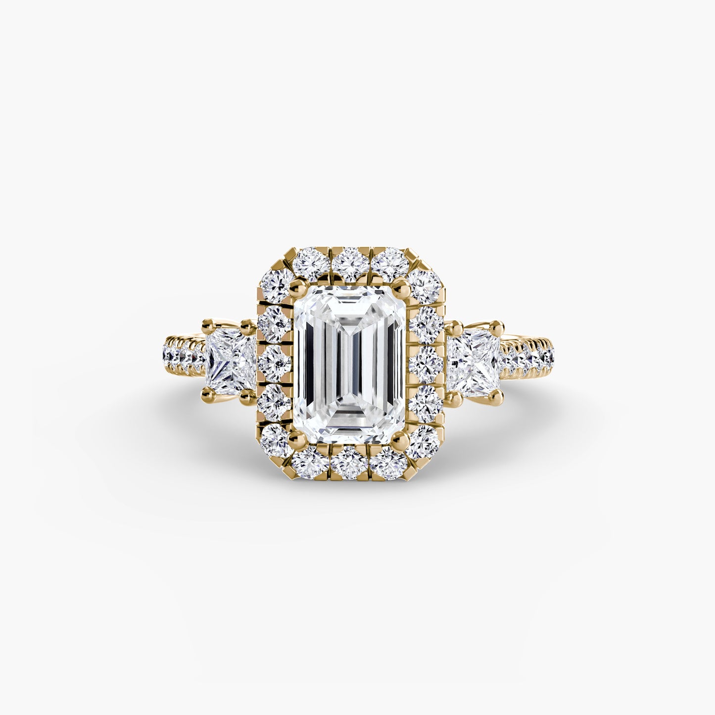 The "Felicity" Three-Stone Halo Ring with Diamond Gallery