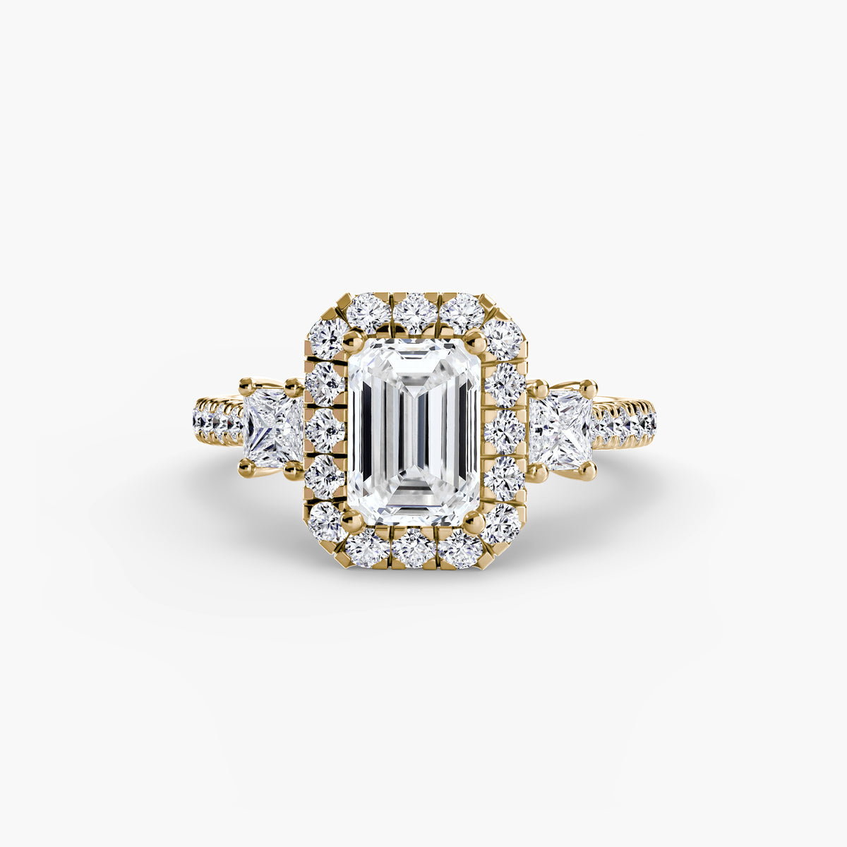 The "Felicity" Three-Stone Halo Ring with Diamond Gallery