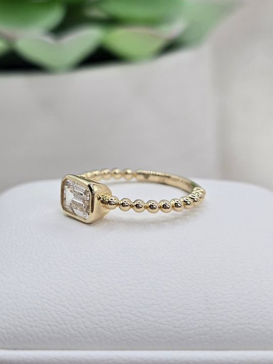 1 Ct Emerald Cut Lab Diamond Ring with Bead Design 14K