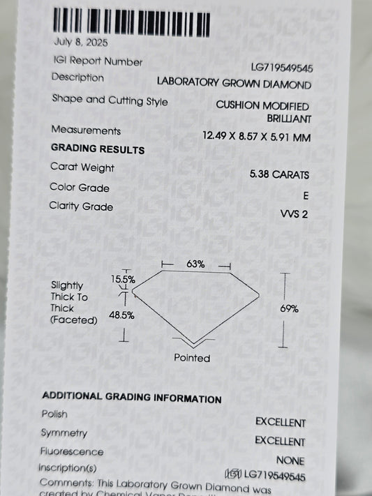 Loose 5.38 Ct E/VVS2 Elongated Cushion Lab Diamond - IGI Certified